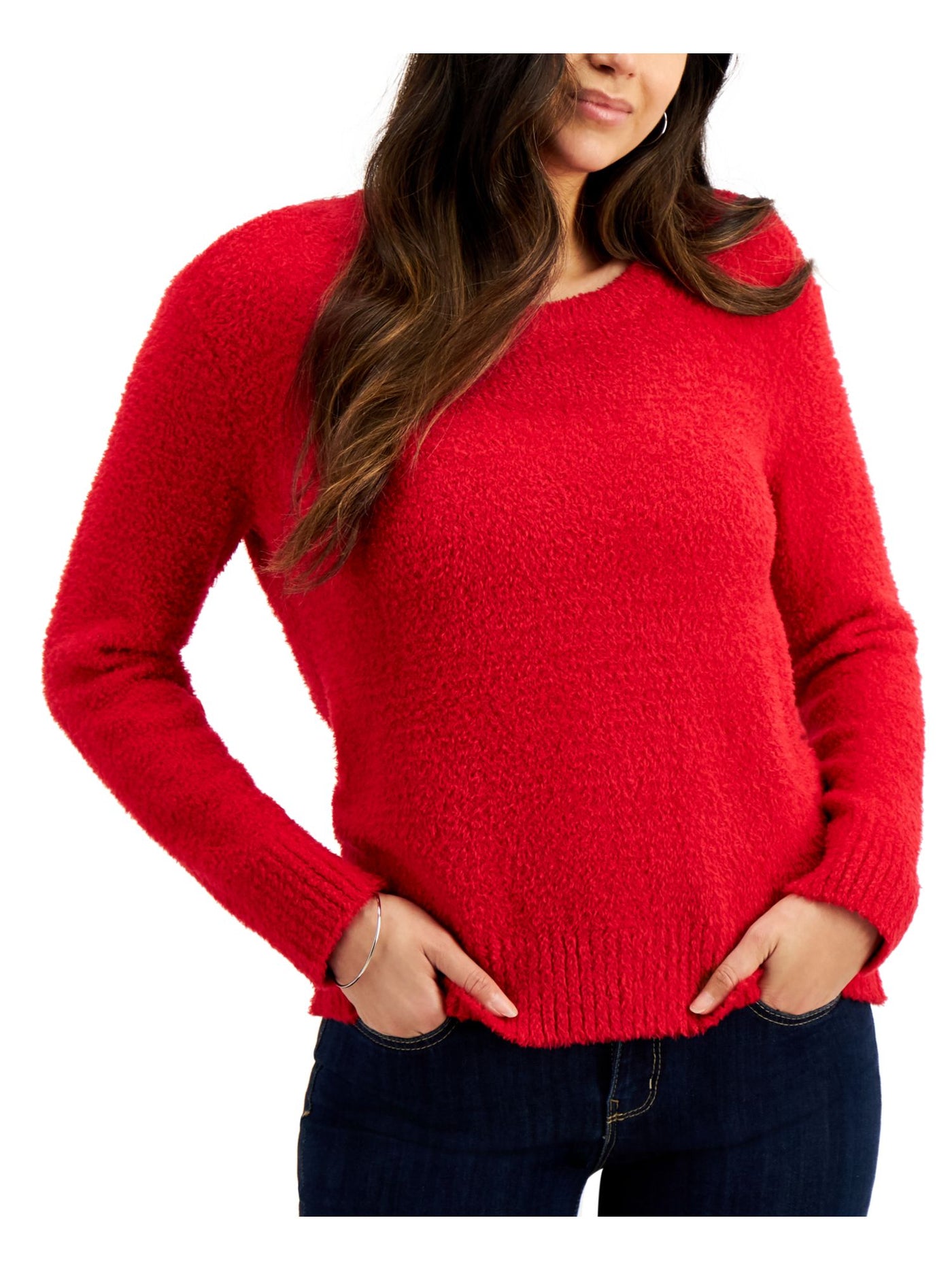 STYLE & COMPANY Womens Red Plush Long Sleeve Scoop Neck Sweater Size: XL