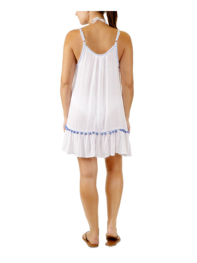 MIKEN SWIM Women's White Pull Over Pom Pom Trim Adjustable Ruffled Scoop Neck Swimsuit Cover Up XS