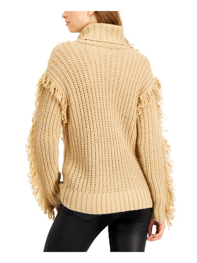 wynter Womens Beige Fringed Fringed Drop Shoulder Long Sleeve Cowl Neck Sweater XS