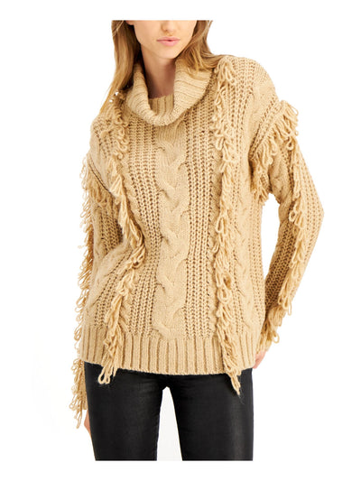 wynter Womens Beige Fringed Fringed Drop Shoulder Long Sleeve Cowl Neck Sweater XS