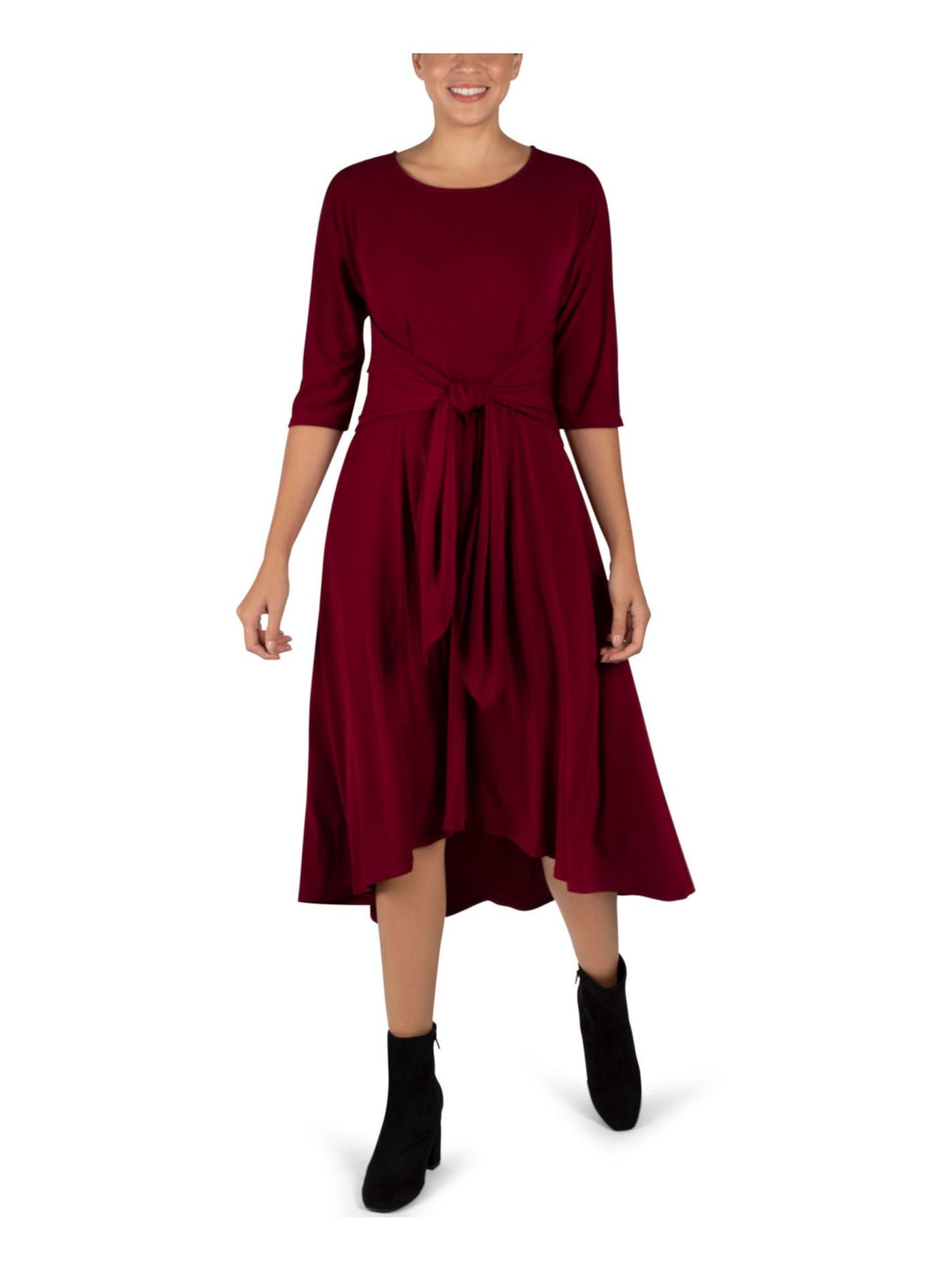 SIGNATURE BY ROBBIE BEE Womens Maroon Fitted Tie Front Pullover 3/4 Sleeve Round Neck Midi Wear To Work Fit + Flare Dress Juniors L