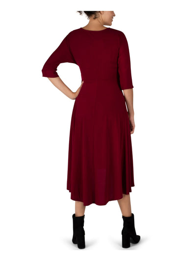 SIGNATURE BY ROBBIE BEE Womens Maroon Fitted Tie Front Pullover 3/4 Sleeve Round Neck Midi Wear To Work Fit + Flare Dress Juniors L