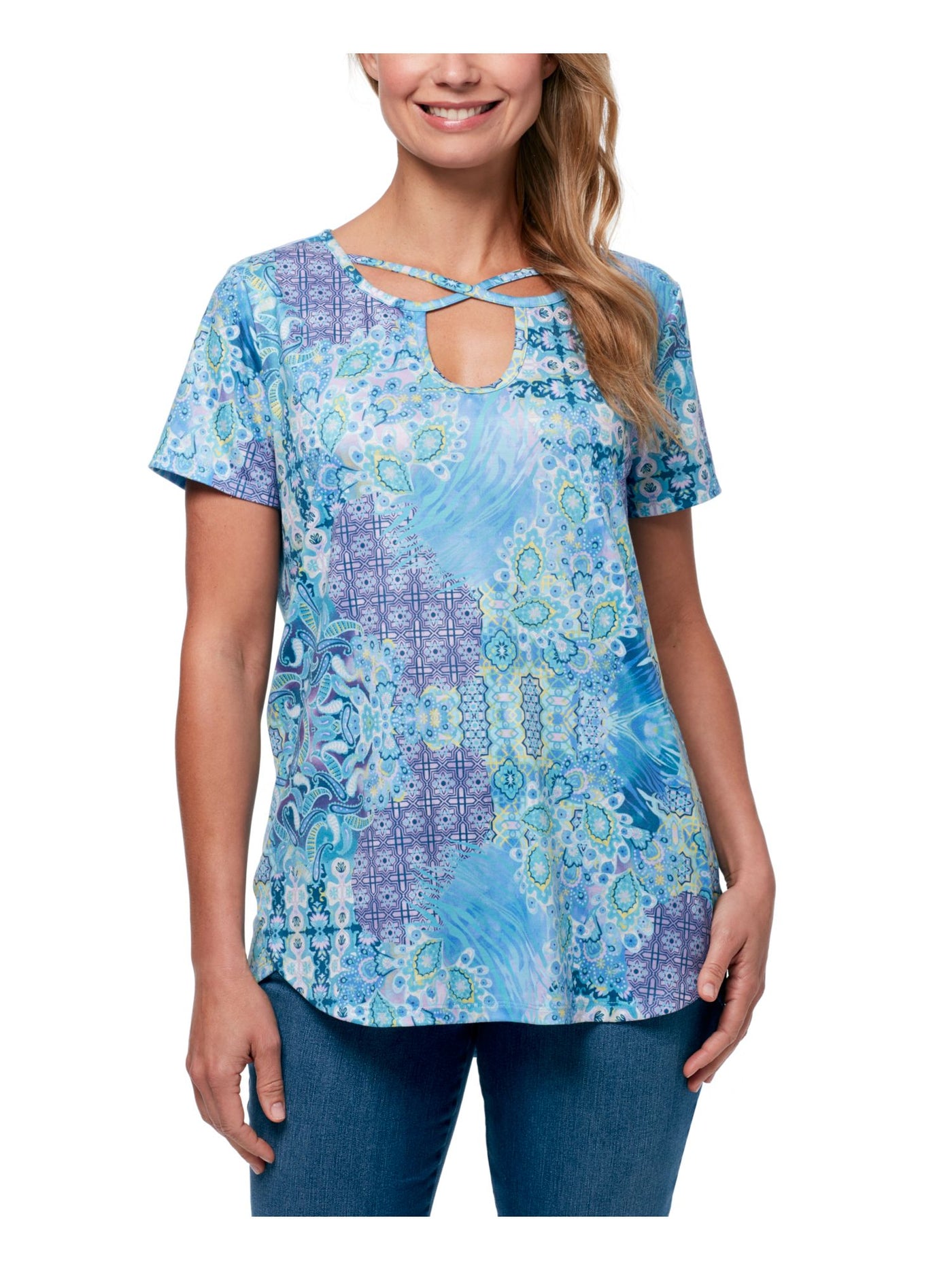 GLORIA VANDERBILT Womens Blue Printed Short Sleeve Keyhole T-Shirt M