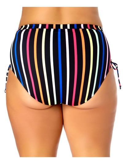 CALIFORNIA SUNSHINE Women's Black Colorblocked Stripe Stretch Lace-Up Bikini Moderate Coverage Tie High Waisted Swimsuit Bottom 1X