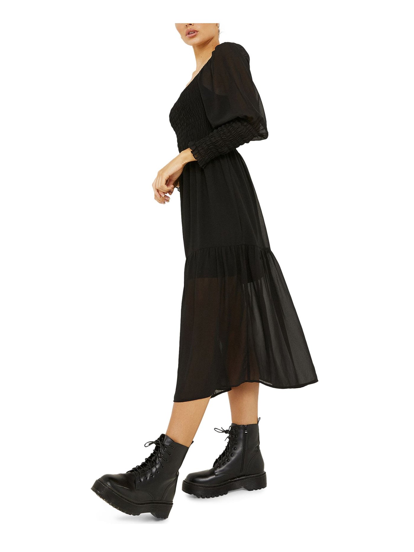 QUIZ Womens Black Long Sleeve Scoop Neck Midi Fit + Flare Dress 8