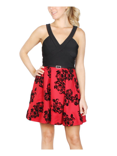 CRYSTAL DOLLS Womens Red Belted Floral Sleeveless V Neck Short Party Fit + Flare Dress Juniors 1