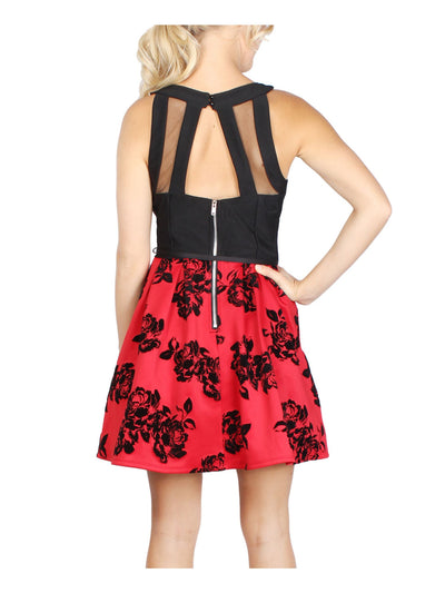 CRYSTAL DOLLS Womens Red Belted Floral Sleeveless V Neck Short Party Fit + Flare Dress Juniors 1