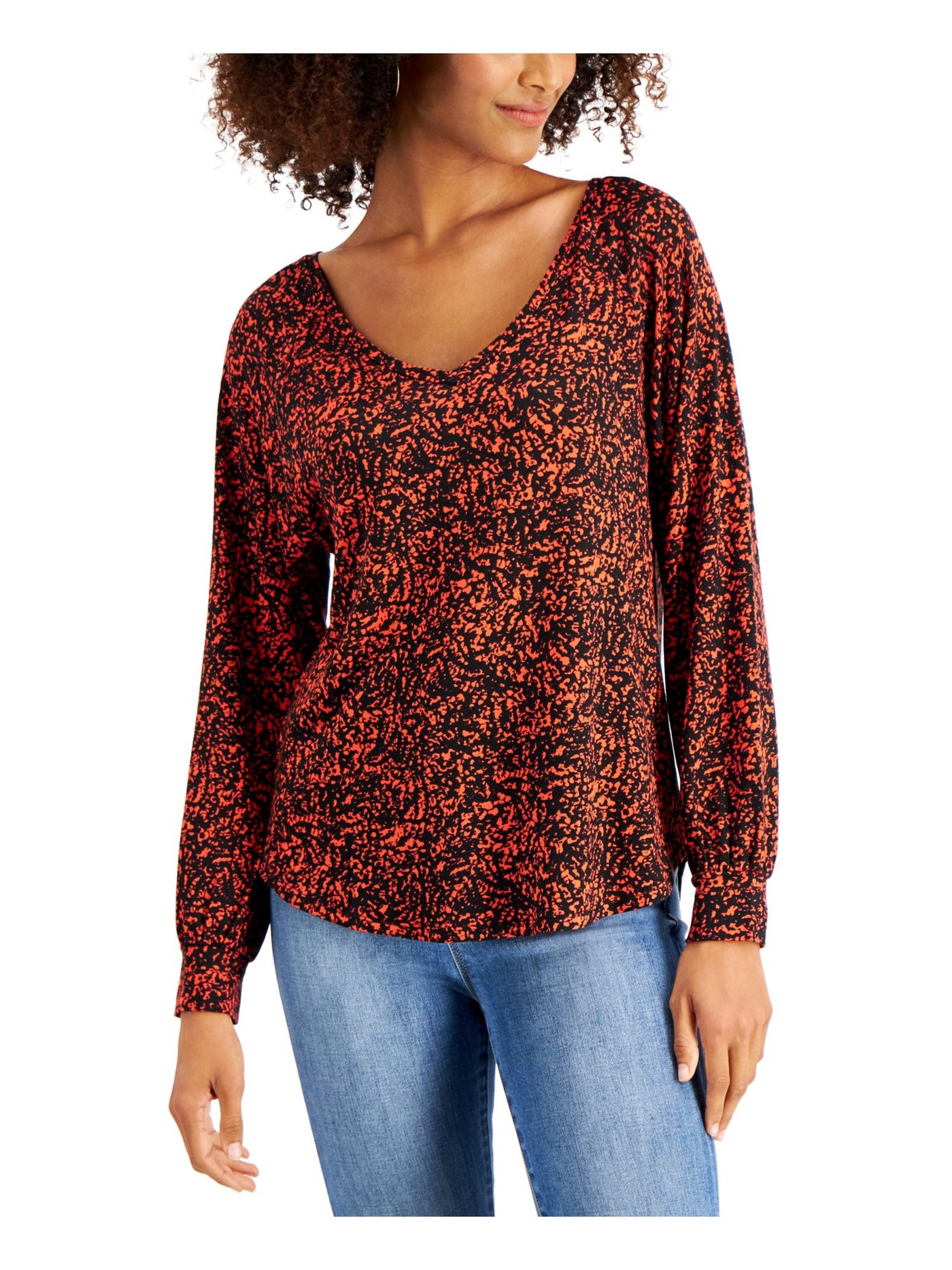 WILLOW DRIVE Womens Orange Stretch Pleated Printed Long Sleeve V Neck Hi-Lo Top M