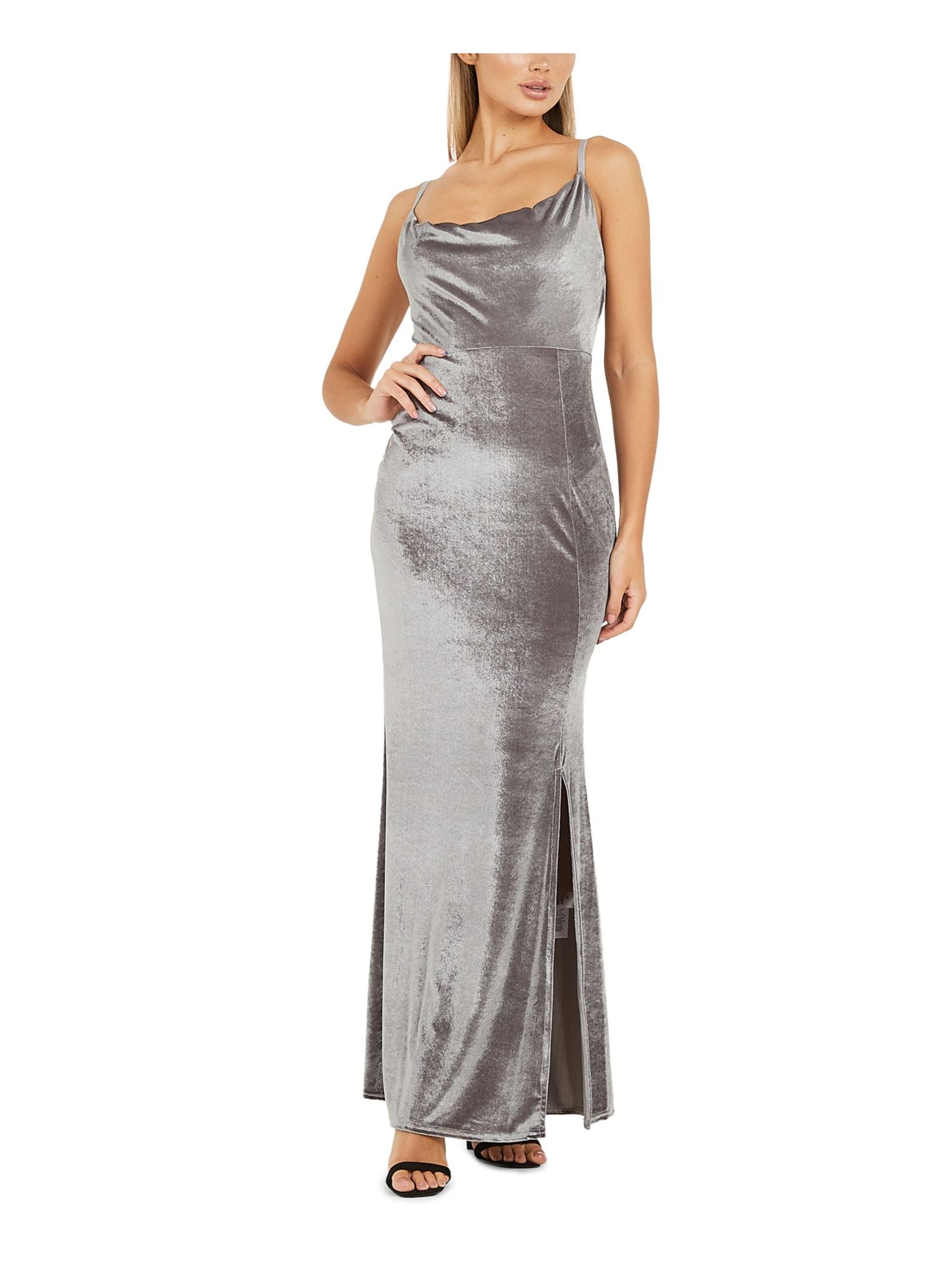 QUIZ Womens Gray Velvet Spaghetti Strap Cowl Neck Full-Length Evening Body Con Dress 2