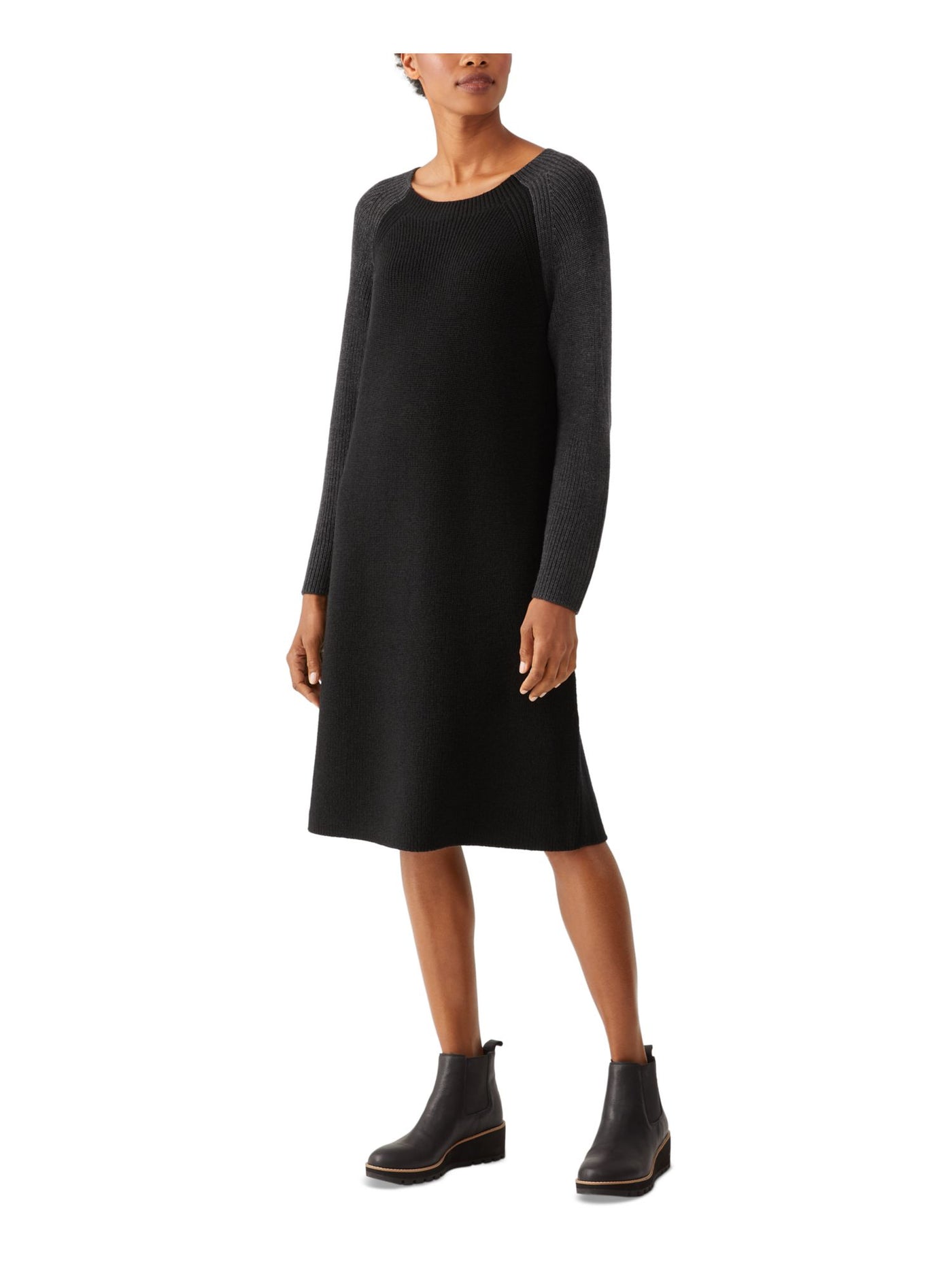 EILEEN FISHER Womens Black Stretch Ribbed Pullover Styling Color Block Long Sleeve Crew Neck Below The Knee Sweater Dress L