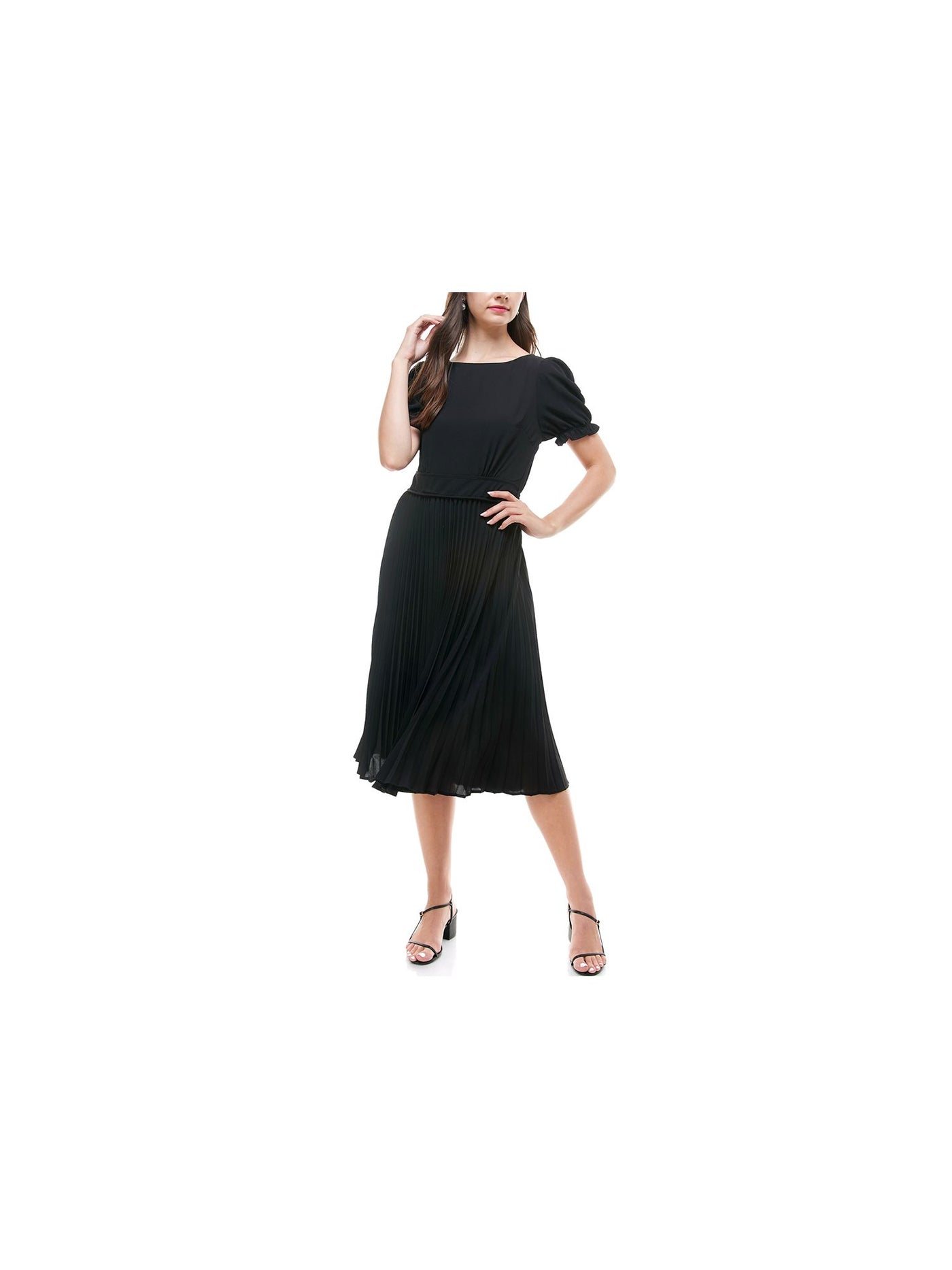 MONTEAU Womens Black Pleated Pouf Boat Neck Midi A-Line Dress Petites Size: PXL