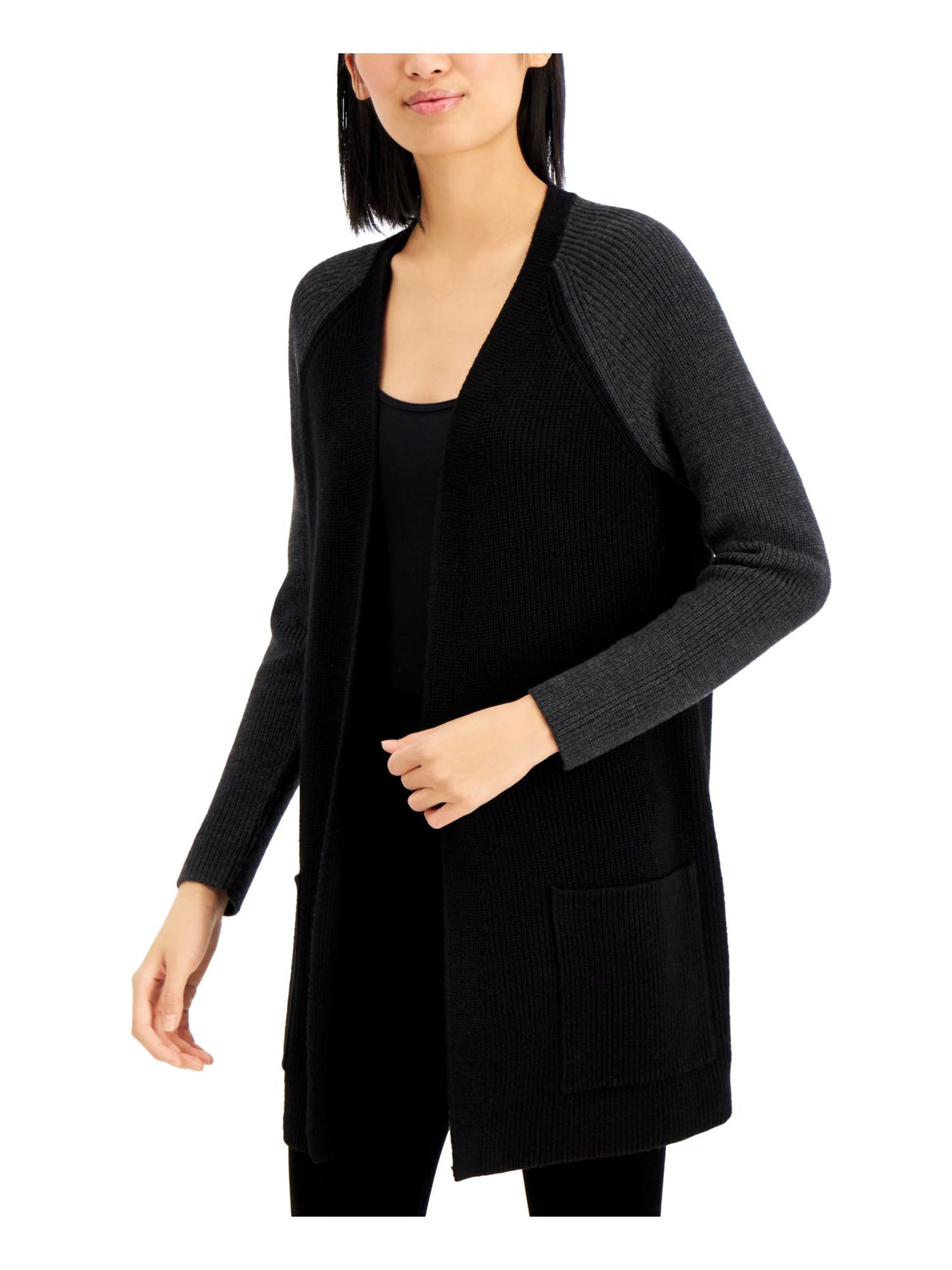 EILEEN FISHER Womens Black Pocketed Long Sleeve Open Front Sweater XL