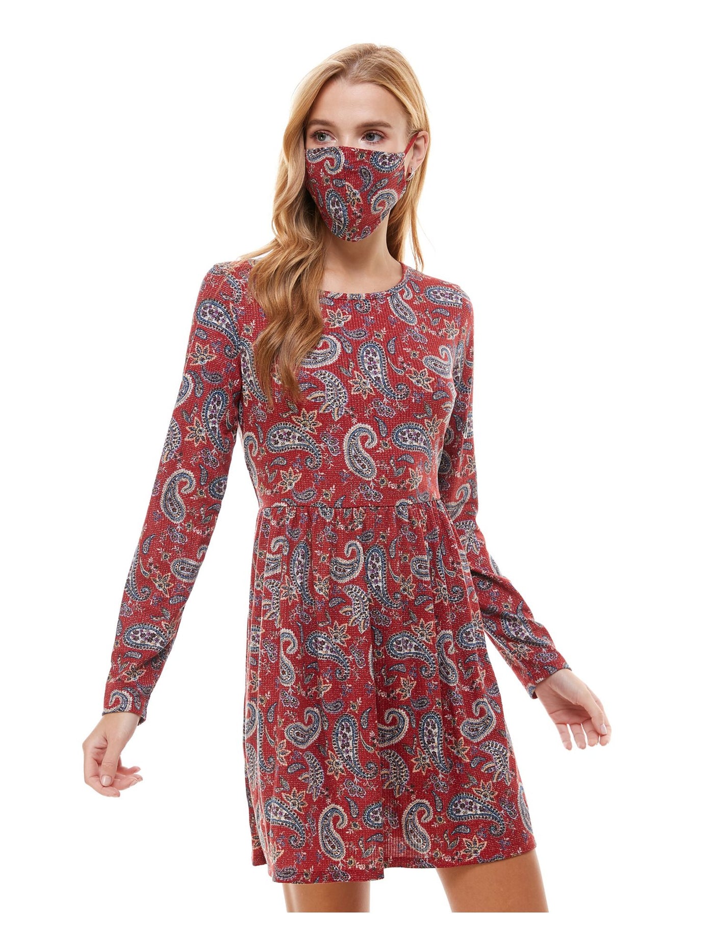 BEBOP Womens Red Paisley Long Sleeve Crew Neck Short Fit + Flare Dress Size: S