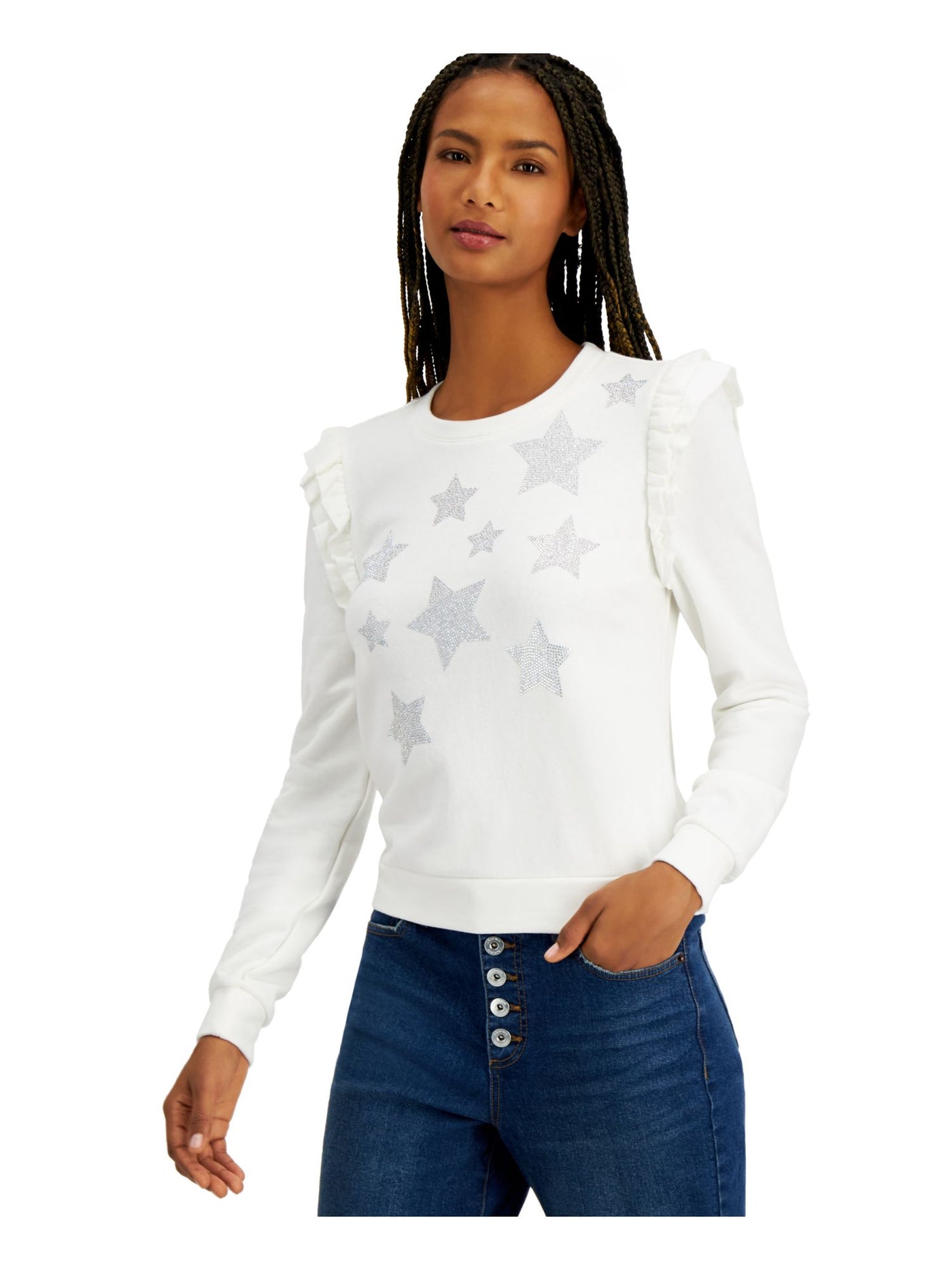 INC Womens White Ruffled Embellished Stars Printed Long Sleeve Top S