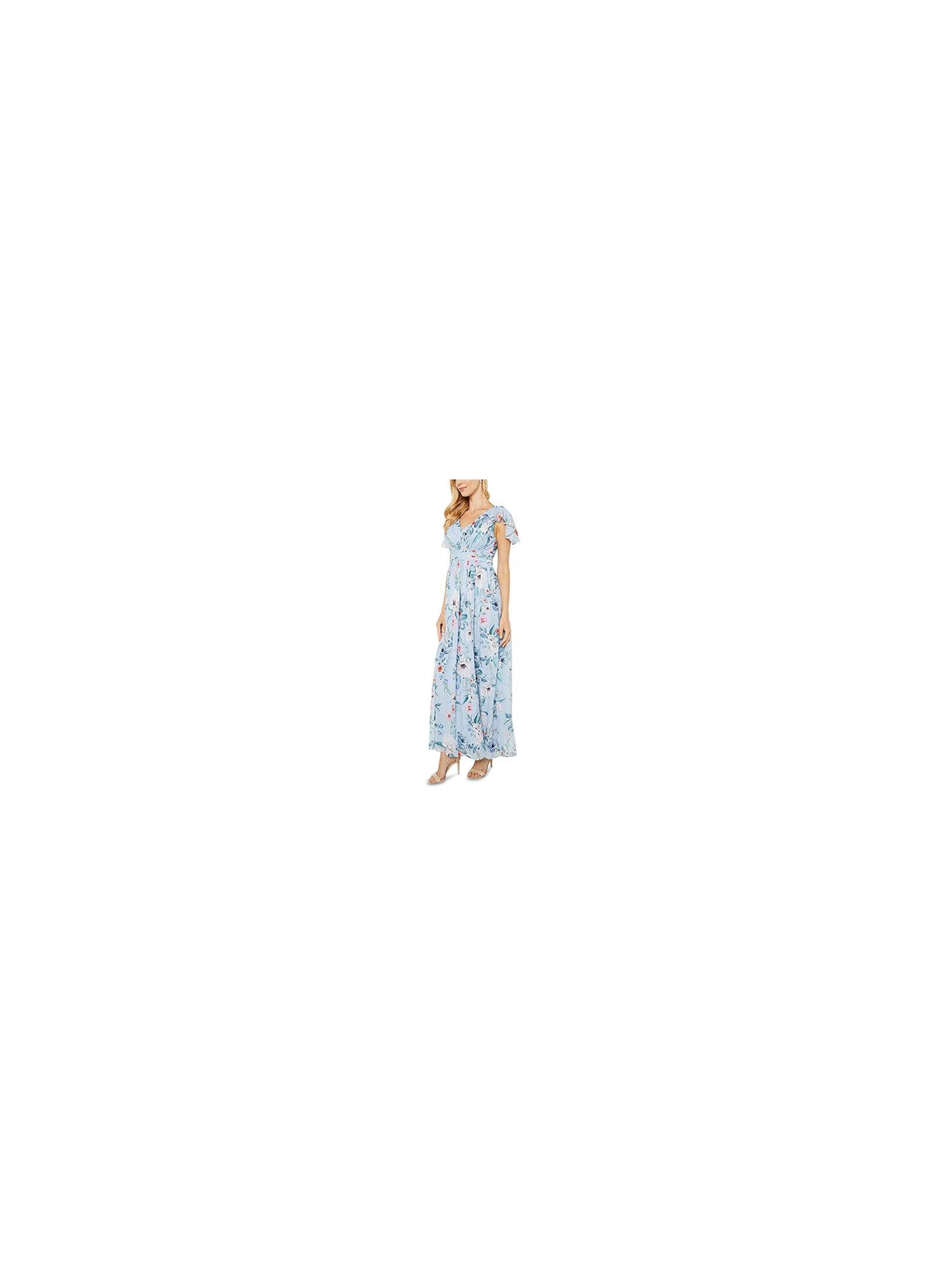 ADRIANNA PAPELL Womens Light Blue Pleated Zippered Chiffon Floral Flutter Sleeve V Neck Maxi Empire Waist Dress 0