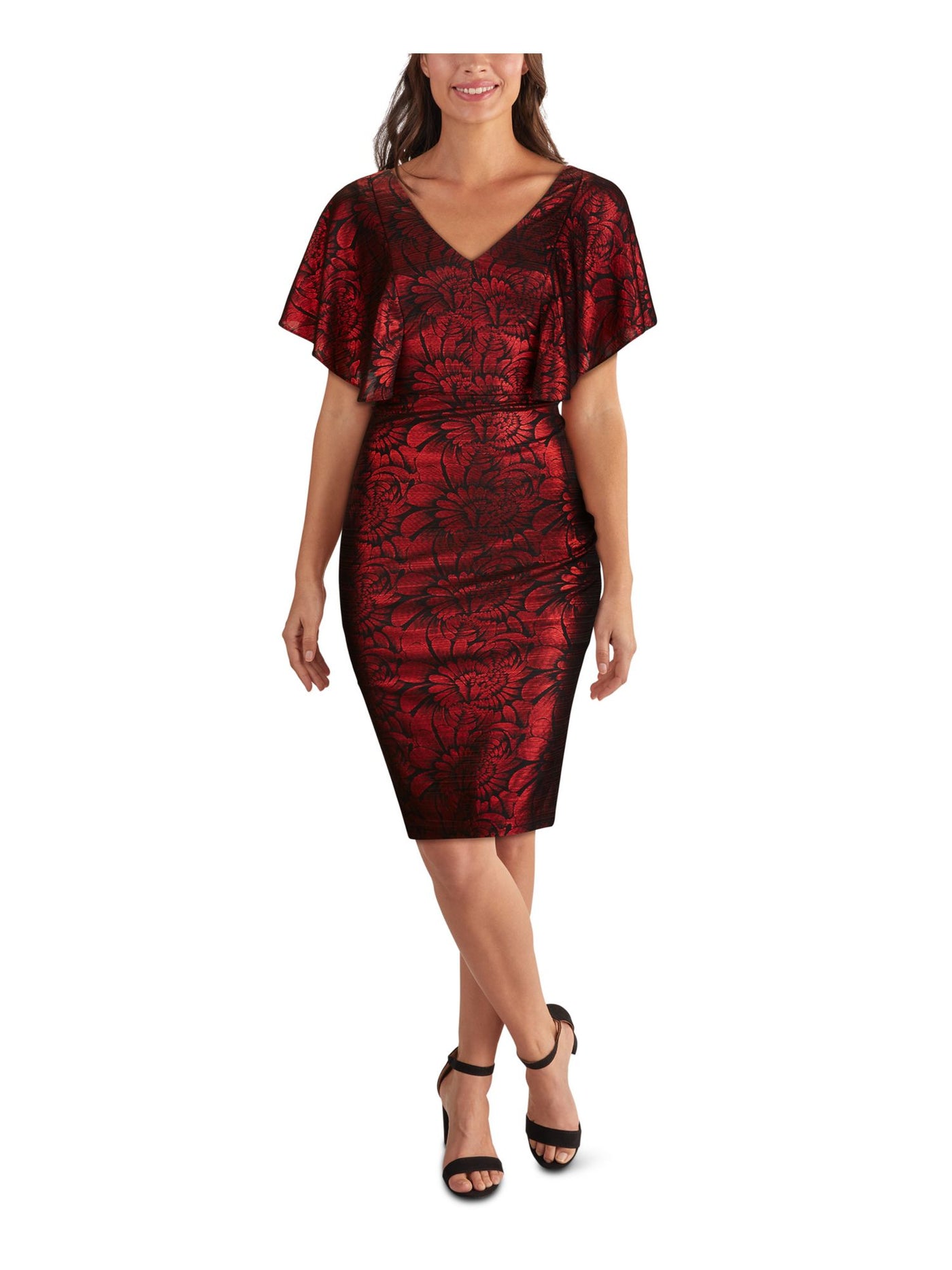 KENSIE Womens Red Cape Sleeve Floral V Neck Above The Knee Evening Sheath Dress 0