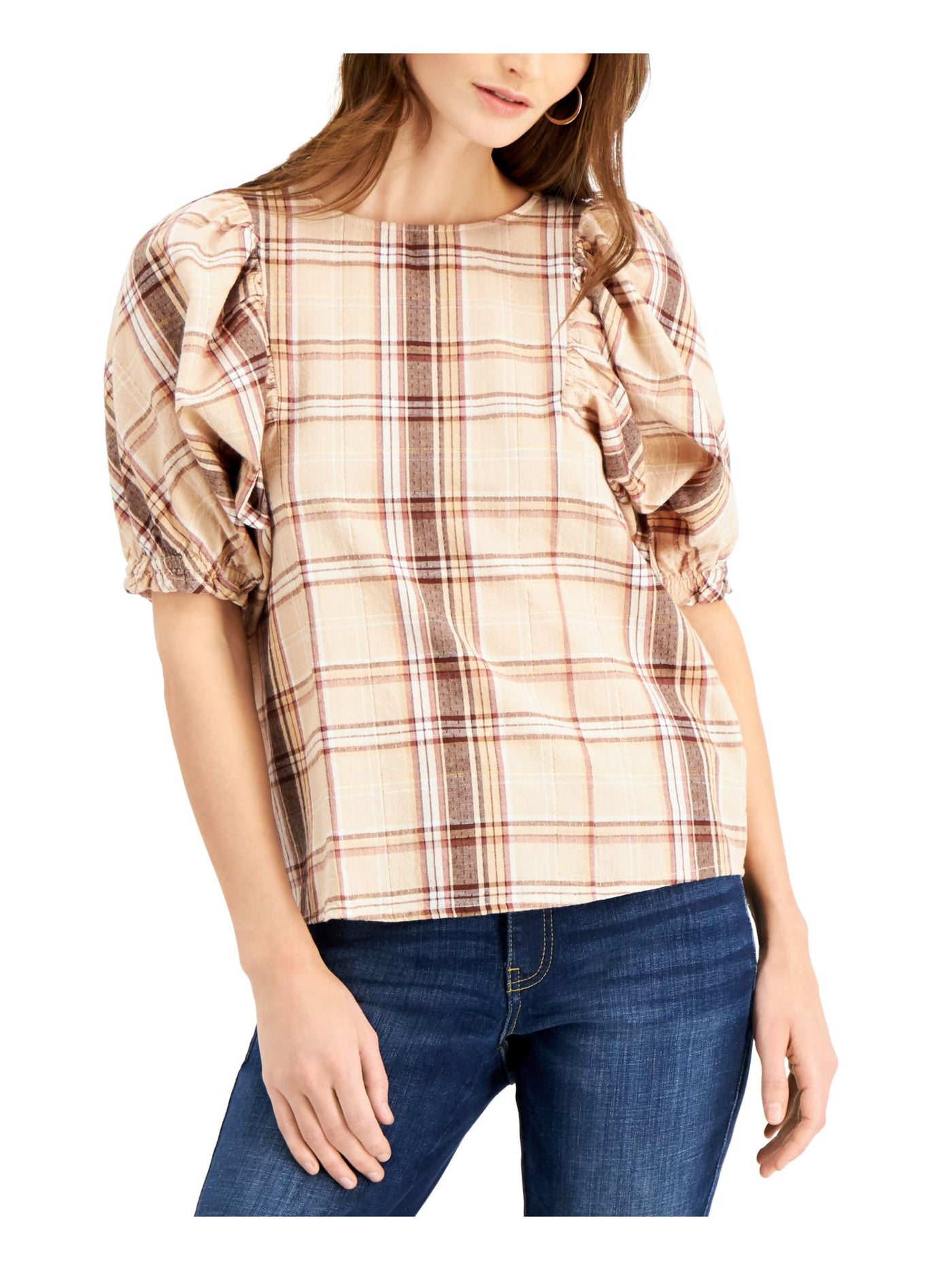 INC Womens Brown Gold Threaded Plaid Pouf Crew Neck Top Size: XS