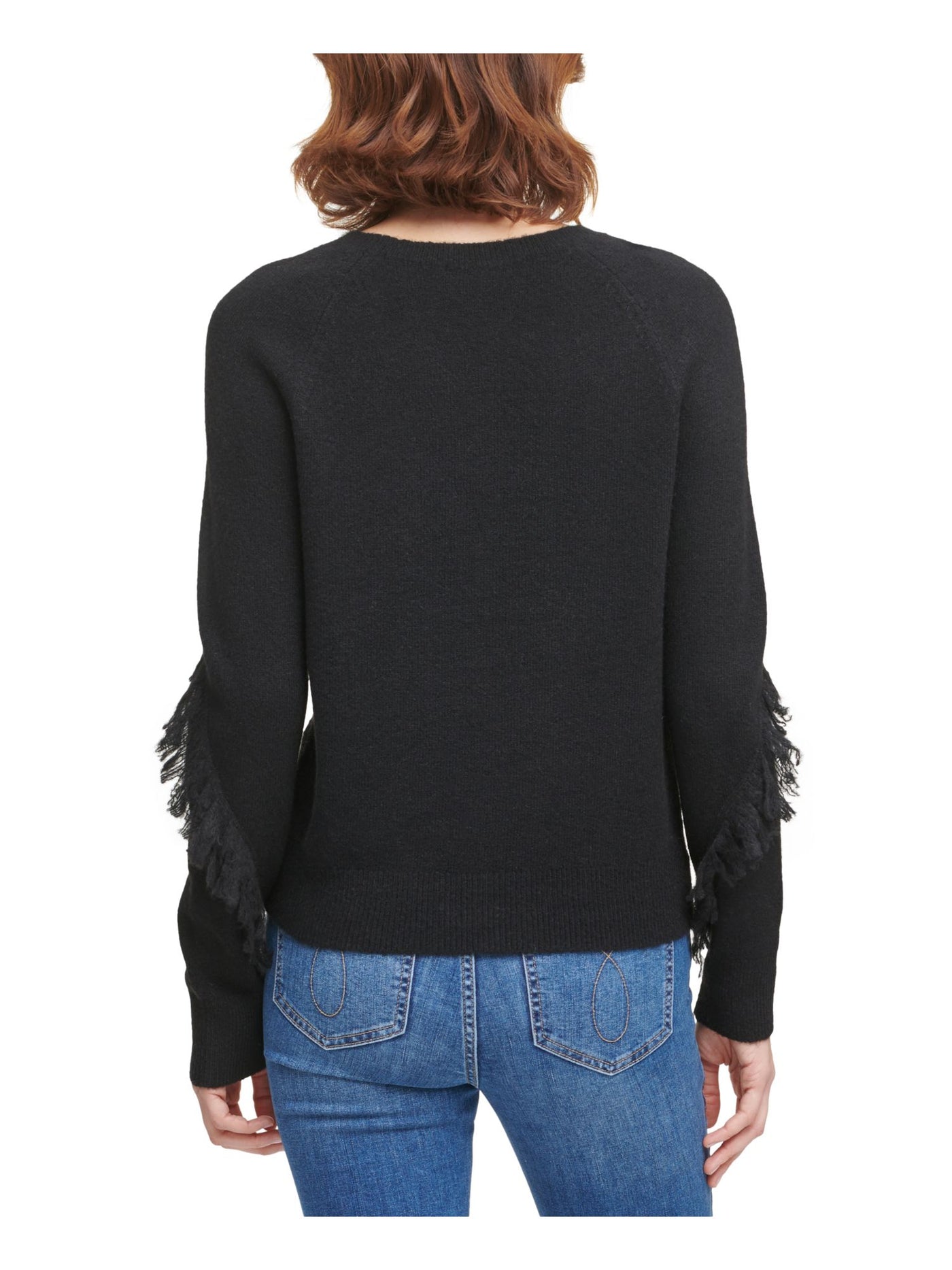 CALVIN KLEIN Womens Black Fringed Long Sleeve Crew Neck Sweater XS