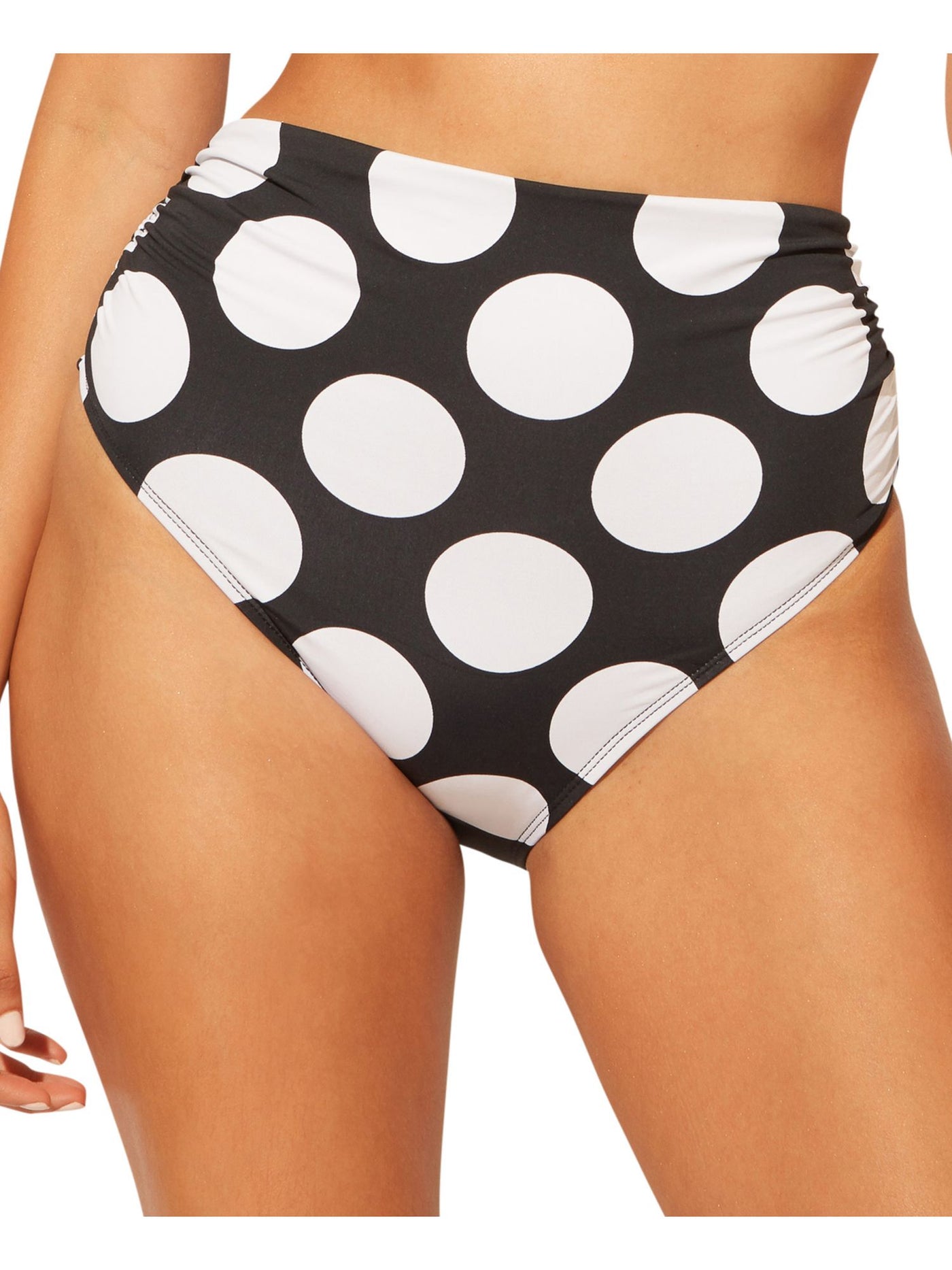 BLEU Women's White Polka Dot Stretch Ruched Bikini Full Coverage High Waisted Swimsuit Bottom 8