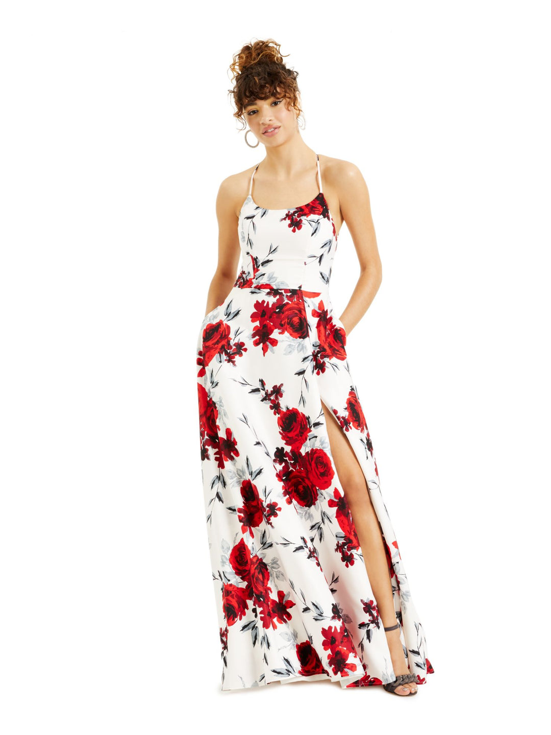 slim fit dress slacks Speechless Womens White Slitted Pocketed Floral Spaghetti Strap Scoop Neck Full-Length Prom Fit + Flare Dress