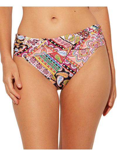 BLEU Women's Pink Printed Stretch Lined  Crossover Band Full Coverage Hipster Swimsuit Bottom 4