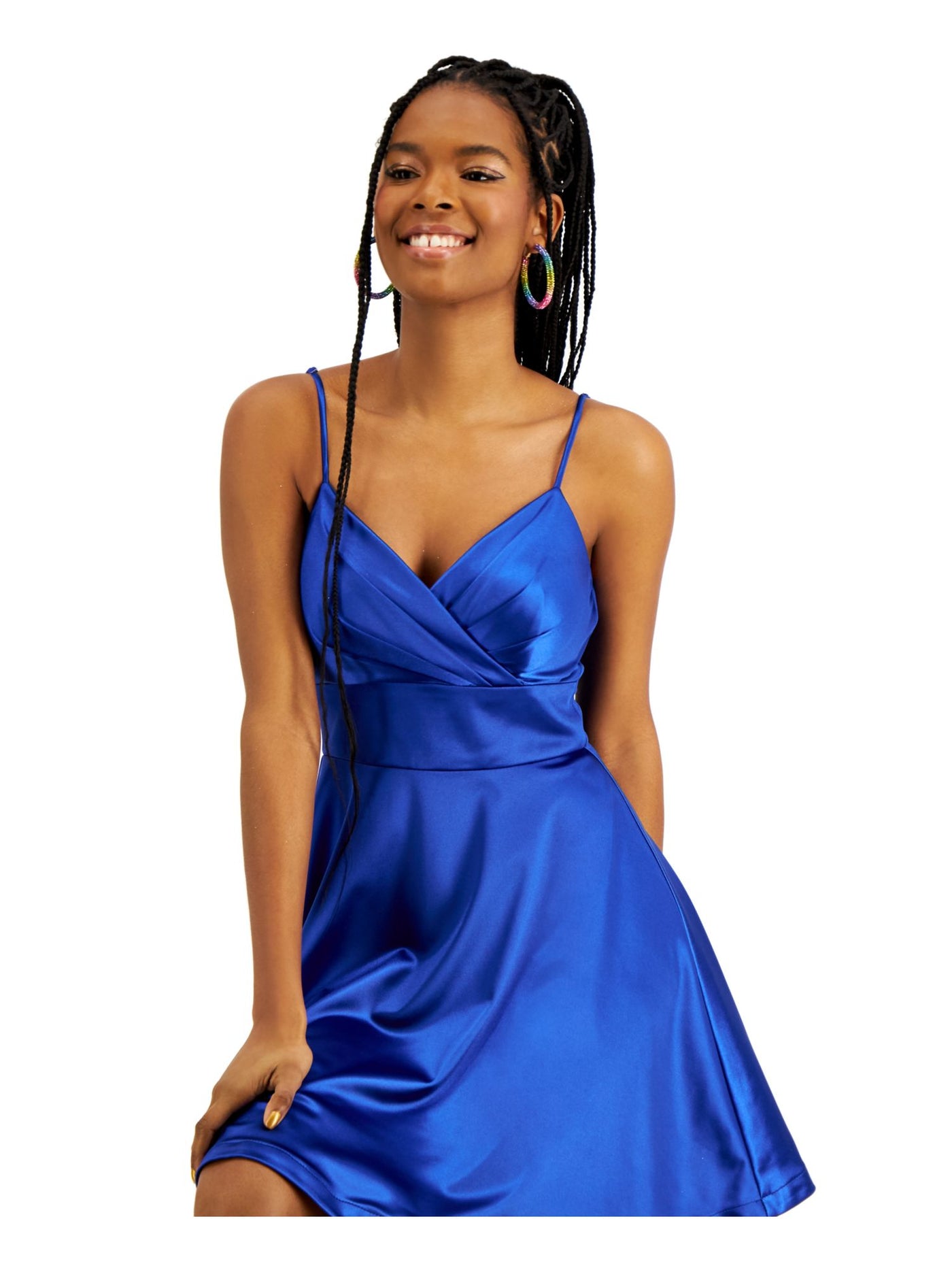 CITY STUDIO Womens Blue Stretch Zippered Pleated Wide Front Waistband Scoop Back Spaghetti Strap Surplice Neckline Short Party Fit + Flare Dress Juniors 7