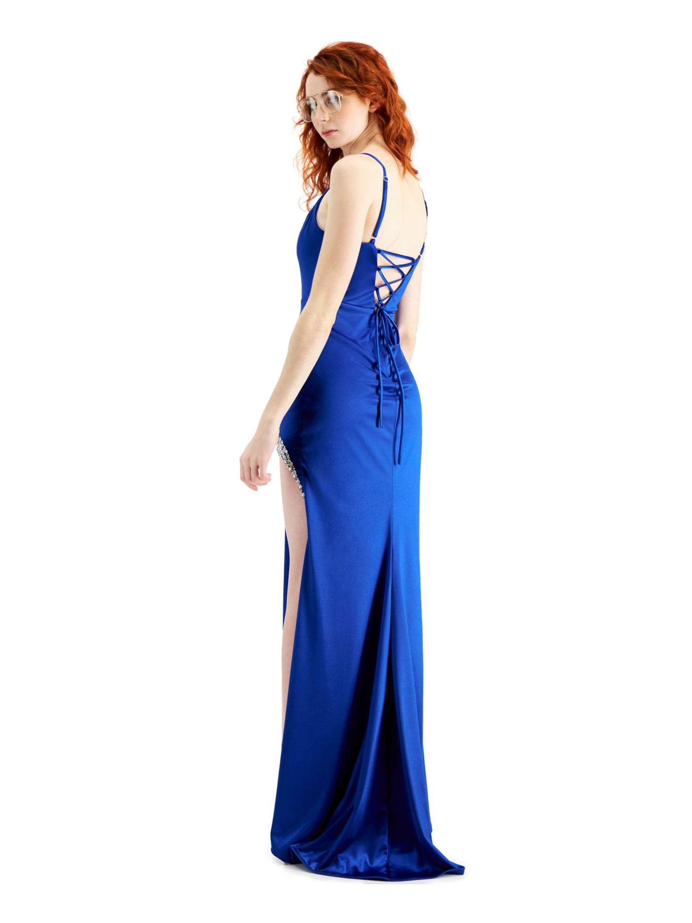 CITY STUDIO Womens Blue Embellished Slitted Lace Up Back Spaghetti Strap Full-Length Evening Sheath Dress Juniors 15