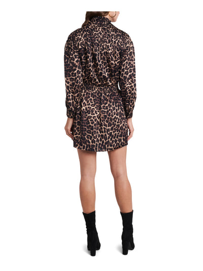 1. STATE Womens Brown Smocked Lined Animal Print Long Sleeve Mock Neck Mini Evening Fit + Flare Dress XS