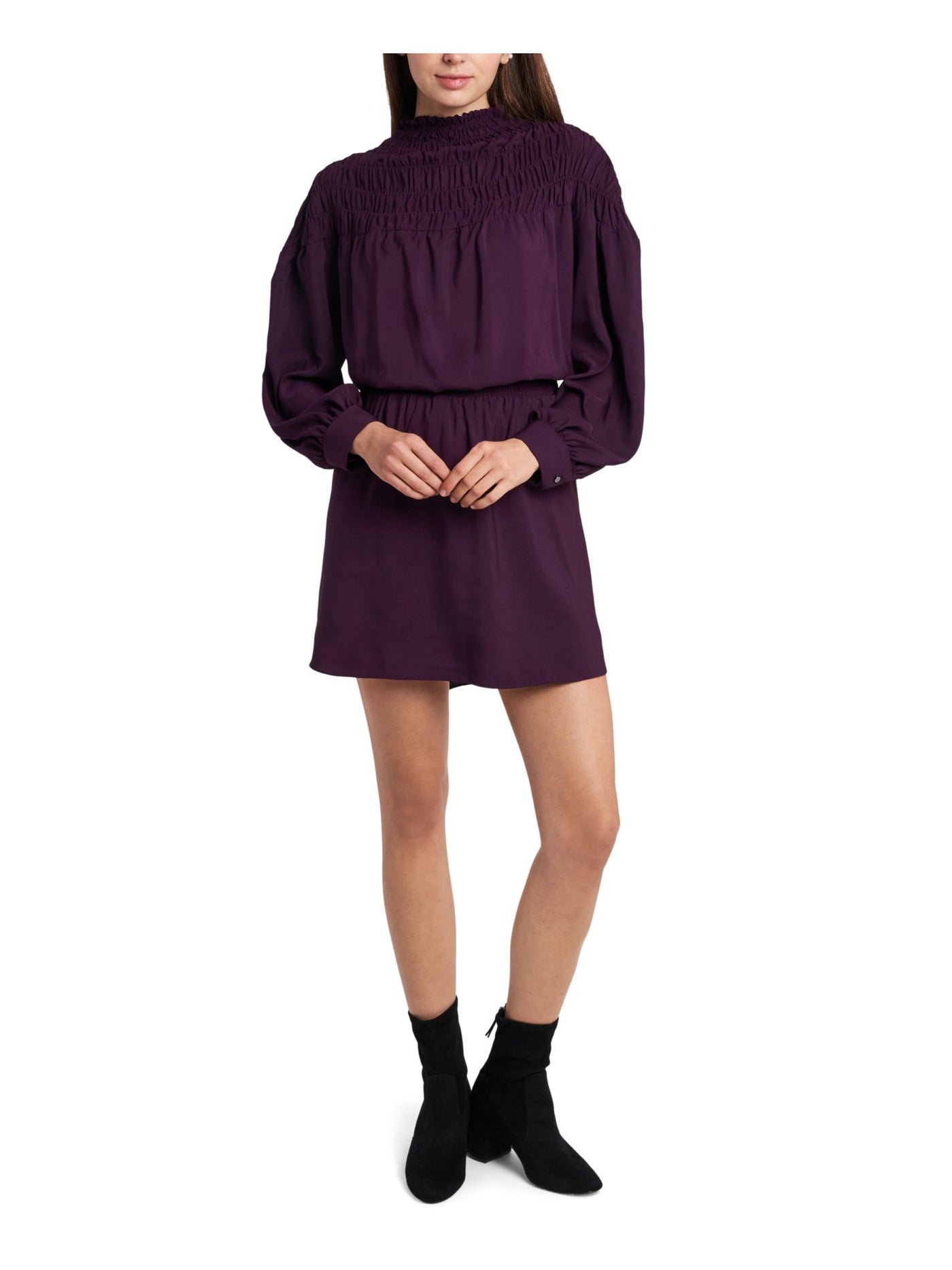 1. STATE Womens Purple Smocked Cuffed Long Sleeve Mock Neck Short Cocktail Shift Dress S
