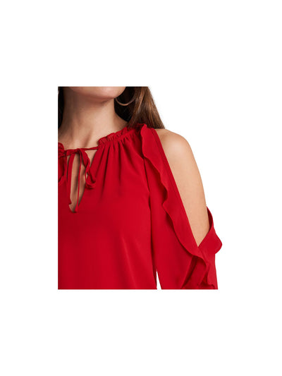 1. STATE Womens Red Cold Shoulder Ruffled Tie Neck Elastic Waist Long Sleeve V Neck Short Party Fit + Flare Dress S