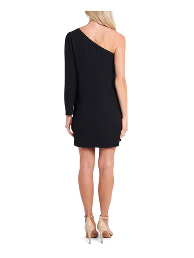 CECE Womens Black Zippered Pleated Lined Long Sleeve Asymmetrical Neckline Short Evening Sheath Dress 2