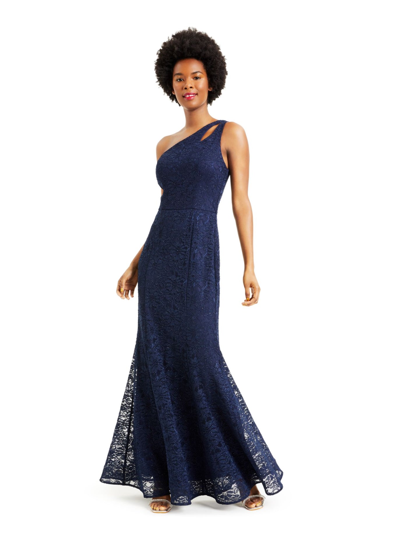 BCX Womens Navy Lace Glitter Cut Out One-shoulder Sleeveless Asymmetrical Neckline Maxi Formal Fit + Flare Dress 1
