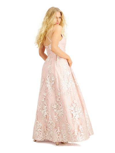 BCX DRESS Womens Pink Embellished Floral Spaghetti Strap V Neck Full-Length Formal Fit + Flare Dress Juniors 5