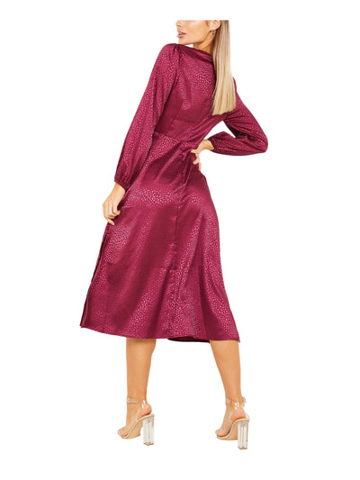 QUIZ Womens Purple Stretch Zippered Slitted Ruched Balloon Sleeve Crew Neck Midi Cocktail Empire Waist Dress 4