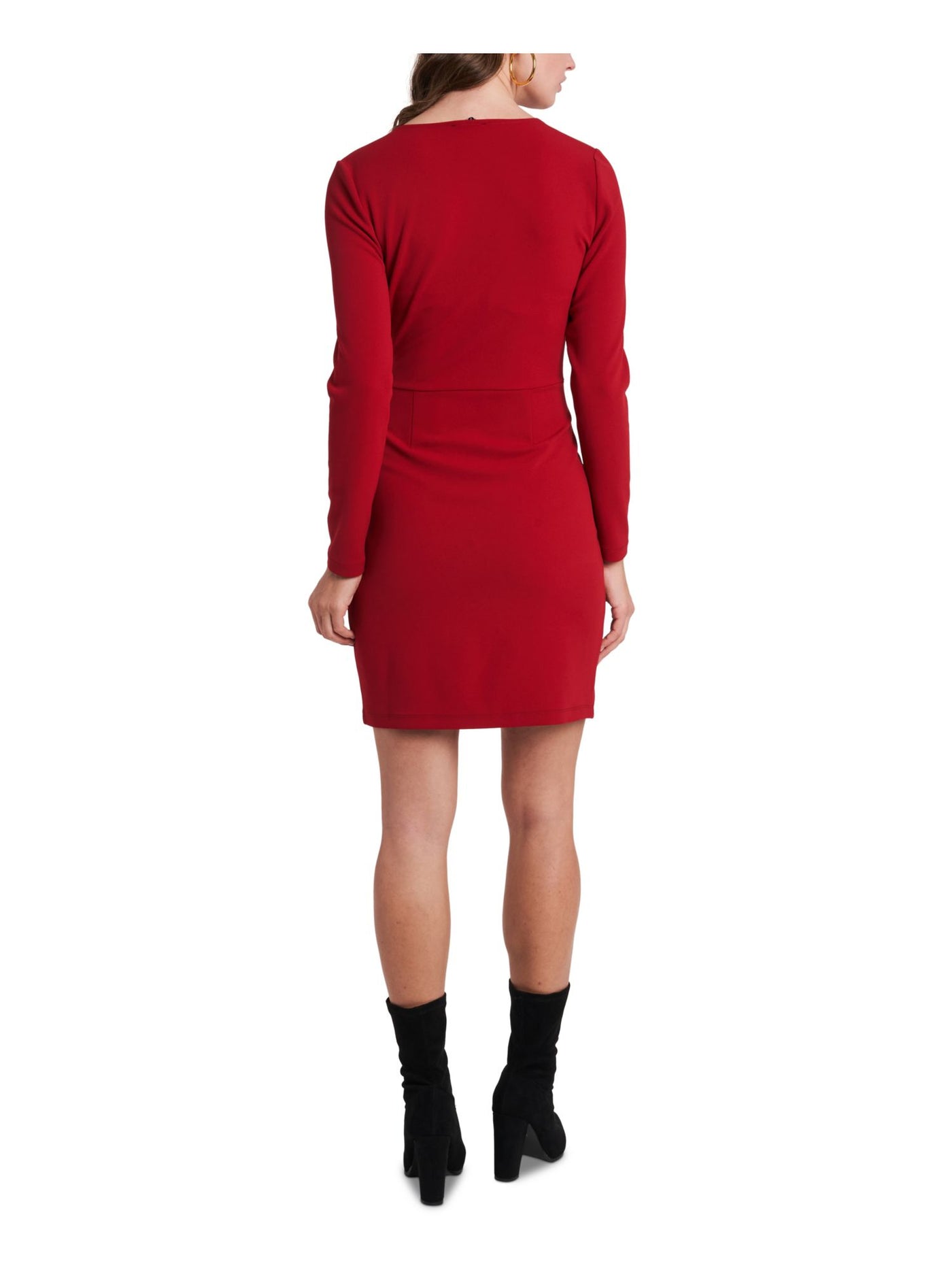1. STATE Womens Red Stretch Pleated Pullover Styling Long Sleeve V Neck Short Evening Wrap Dress XXS