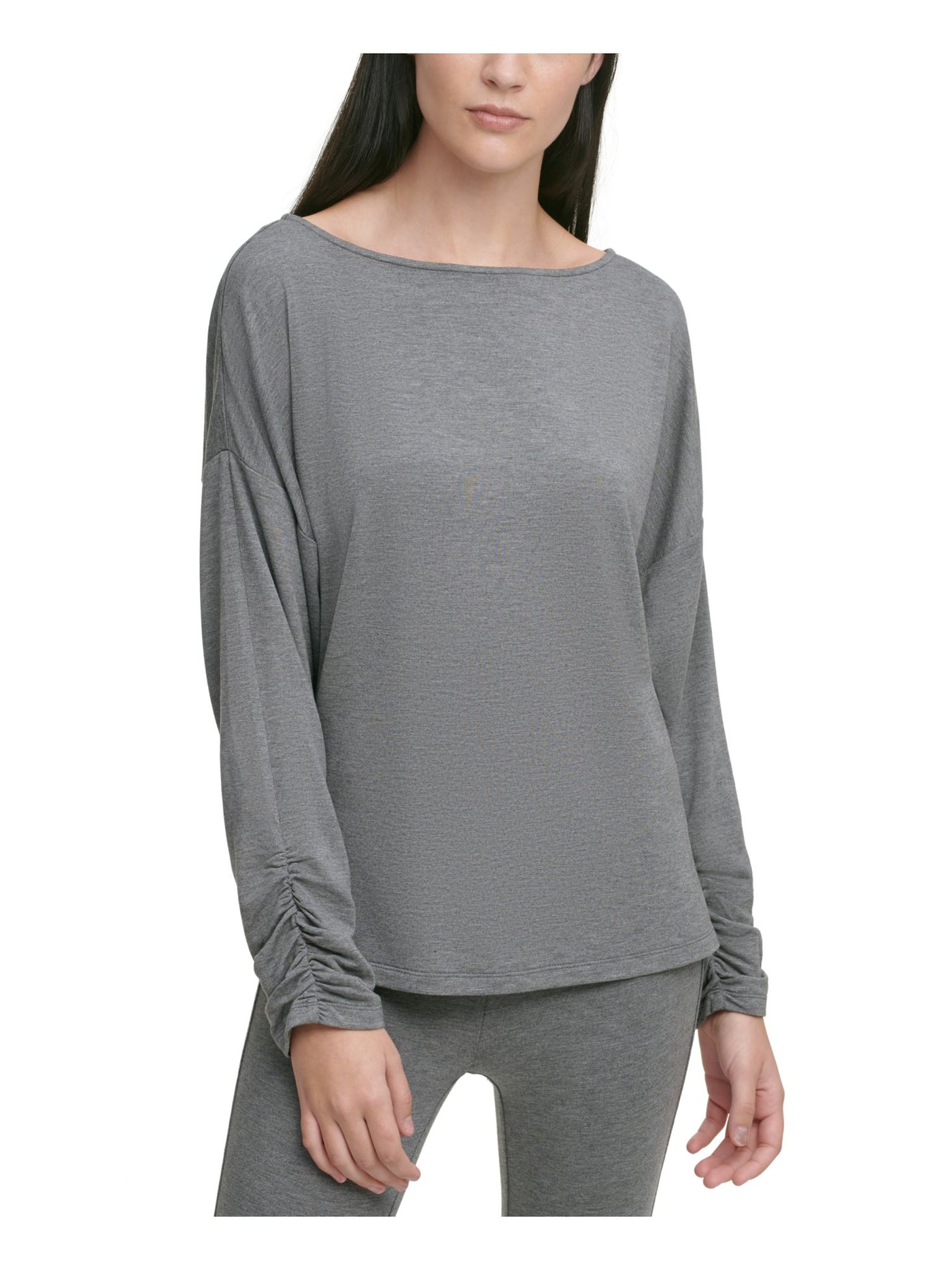 DKNY Womens Gray Ruched Long Sleeve Scoop Neck T-Shirt Size: XXS
