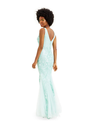 TEEZE ME Womens Green Sequined Mesh Gown Sleeveless V Neck Full-Length Prom Mermaid Dress Juniors 7\8