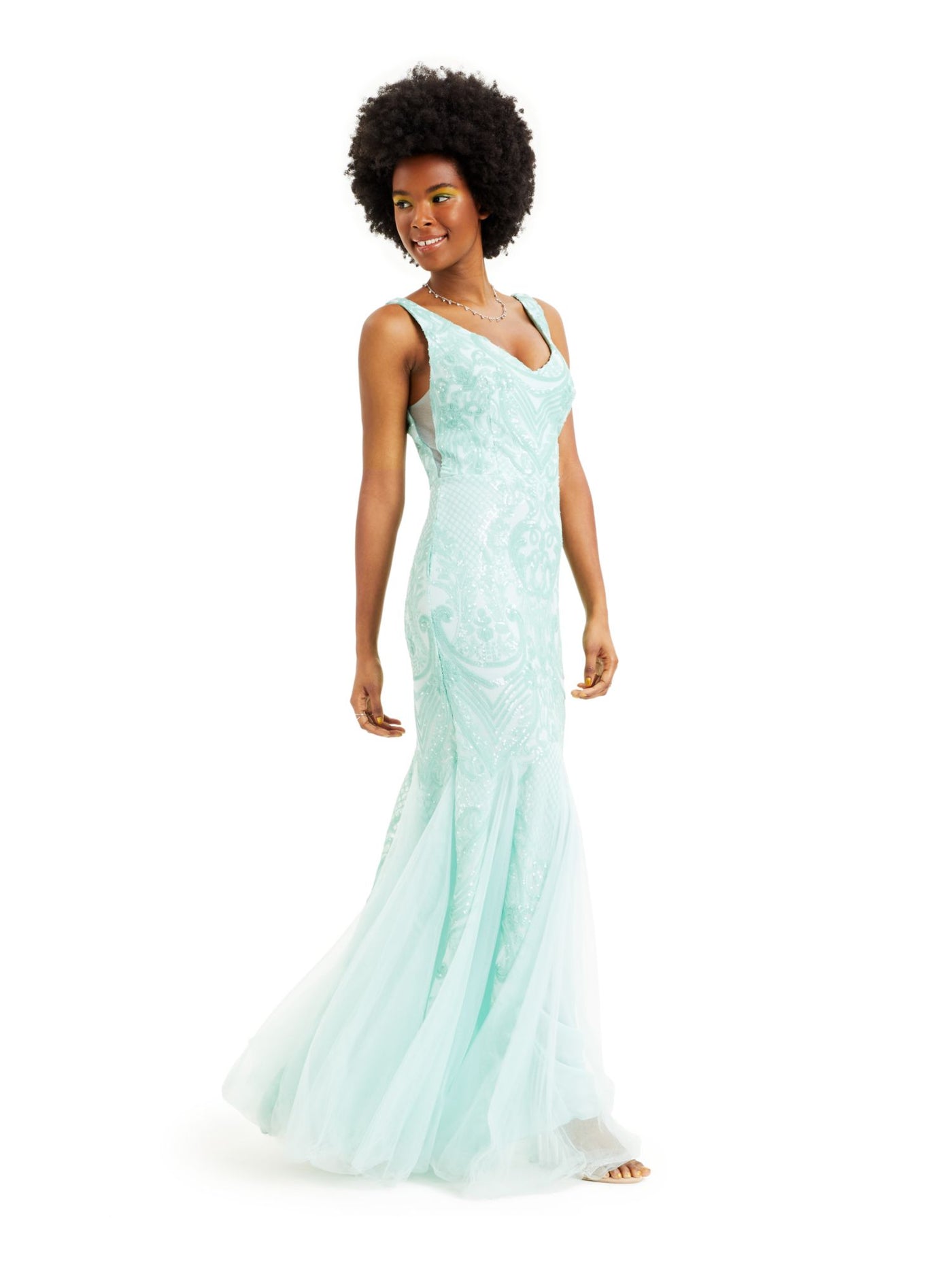 TEEZE ME Womens Green Sequined Mesh Godet V Neck Full-Length Formal Mermaid Dress Juniors 3\4