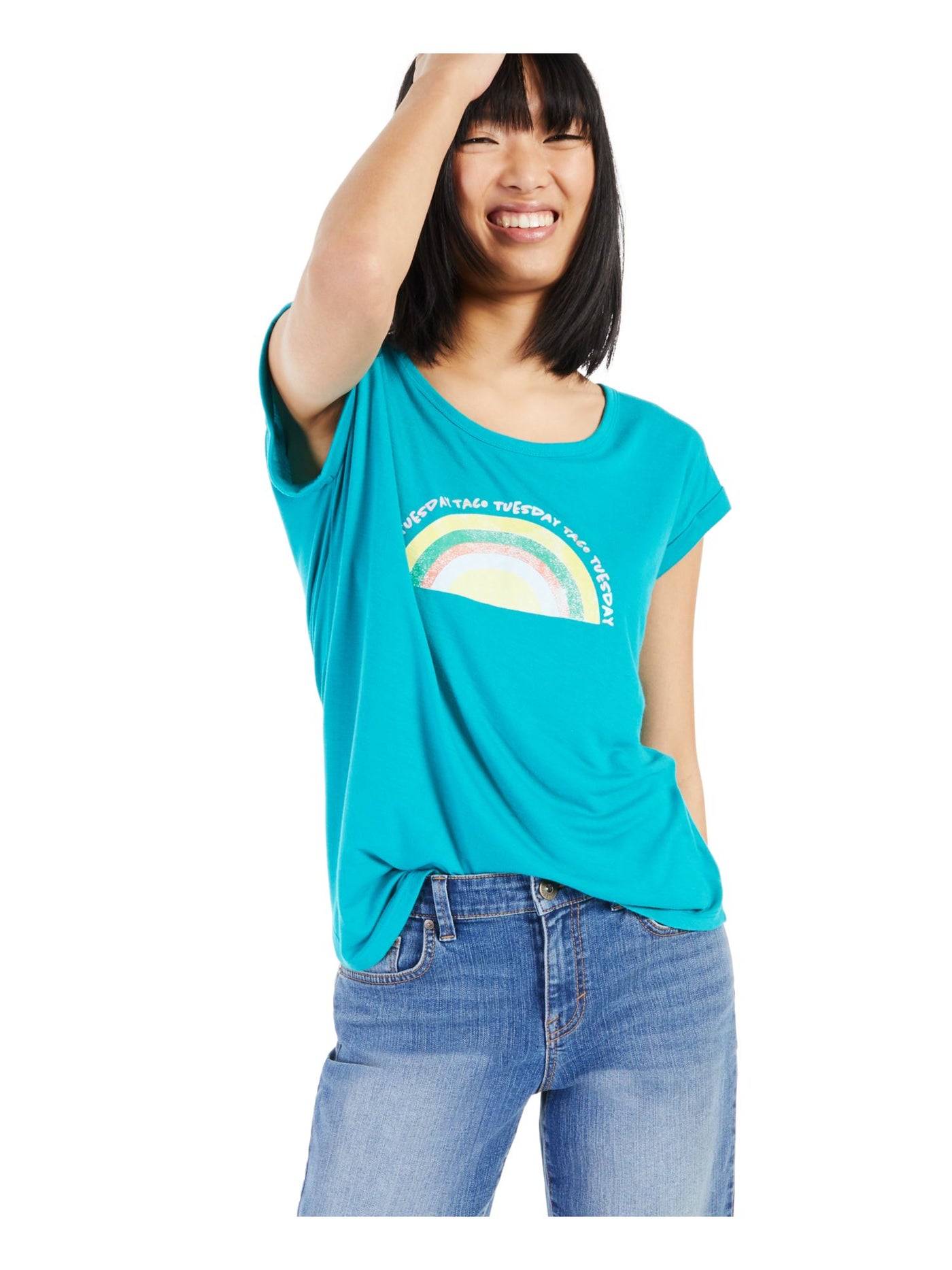 STYLE & COMPANY Womens Turquoise Stretch Graphic Short Sleeve Scoop Neck T-Shirt XS