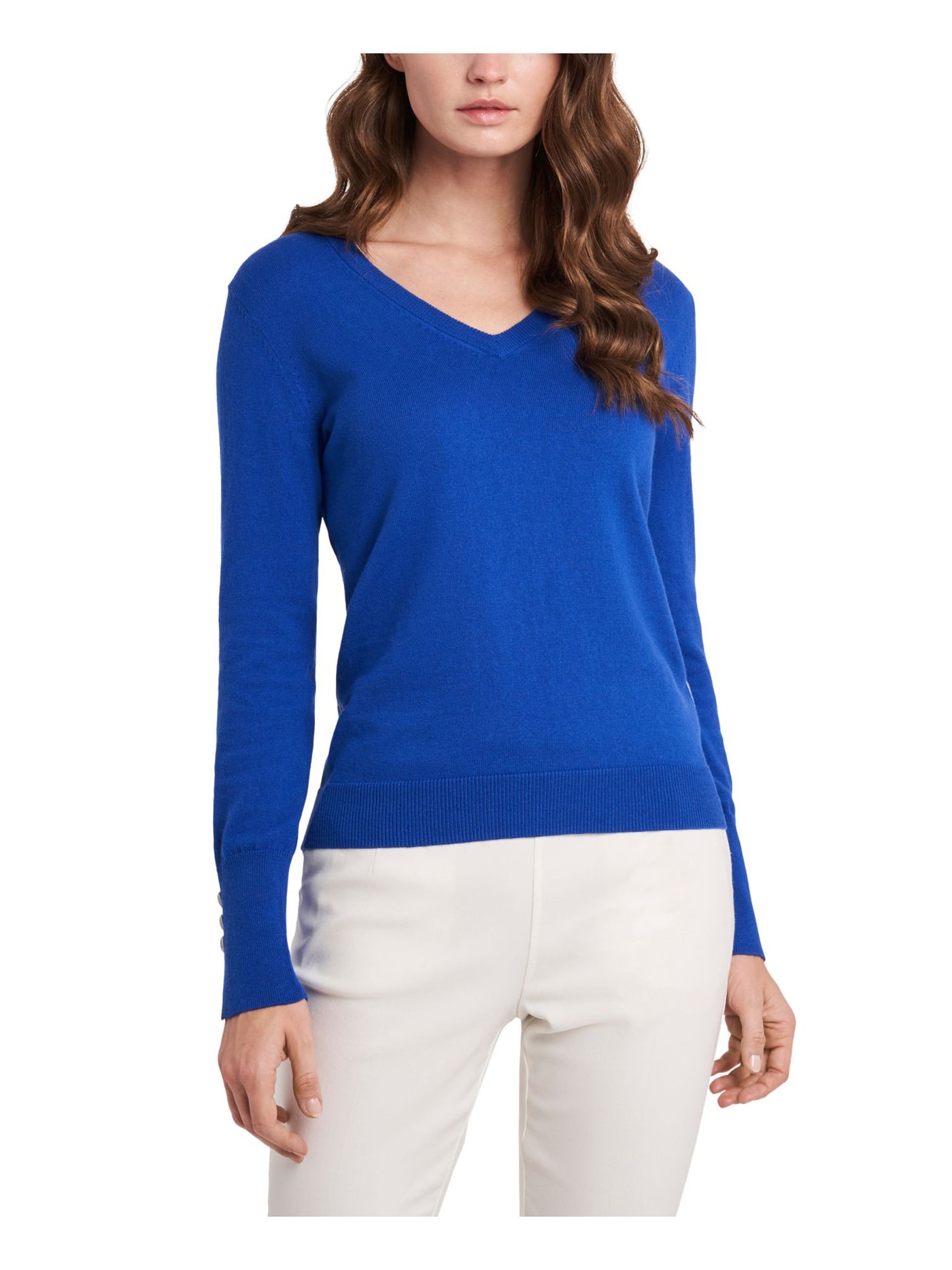 RILEY&RAE Womens Blue Stretch Long Sleeve V Neck Sweater XXS