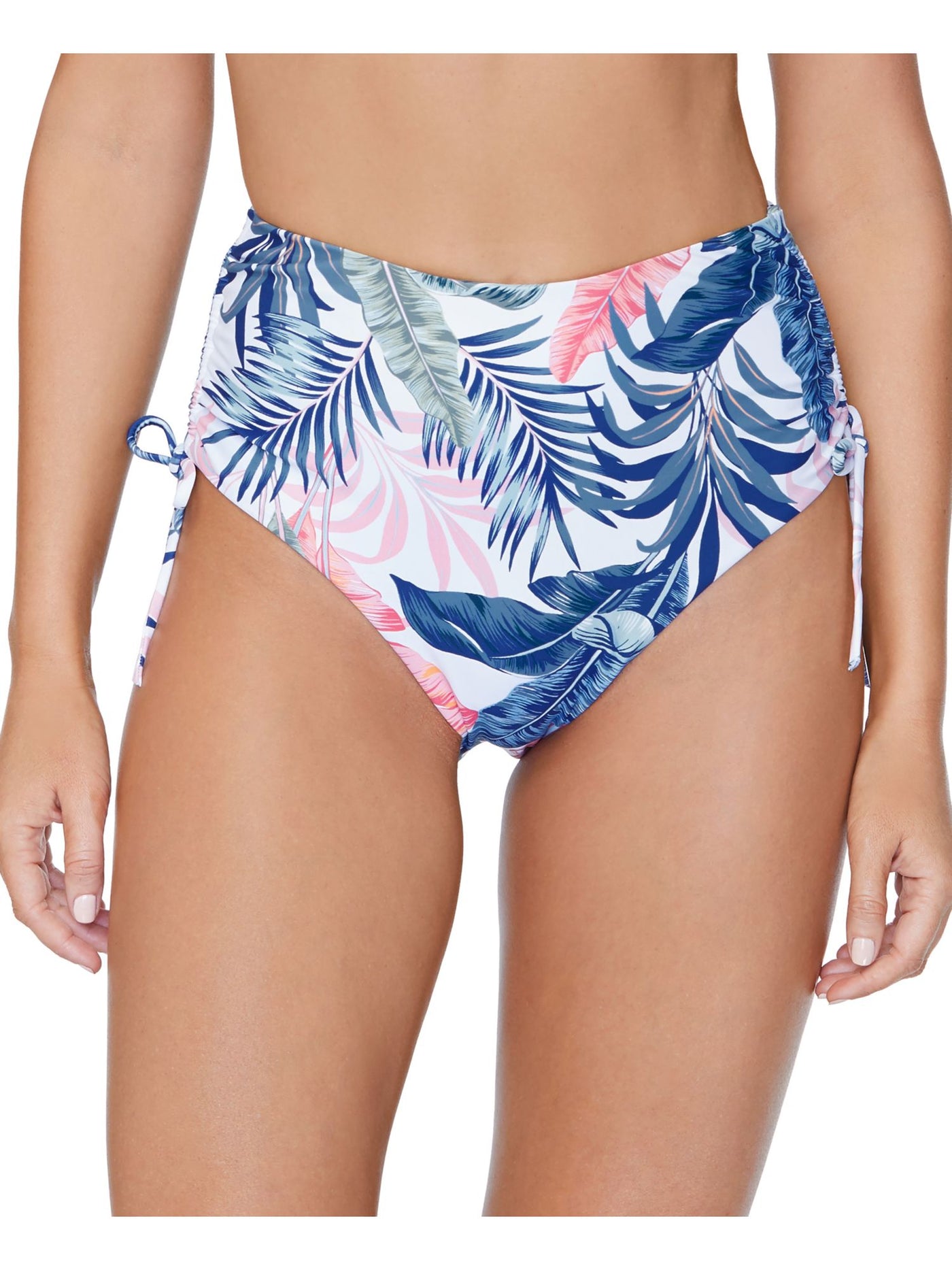 RAISINS Women's Blue Palm Print Stretch Drawstring Ruched Lined Bikini Moderate Coverage Tie Not So Bora Bora High Waisted Swimsuit Bottom L