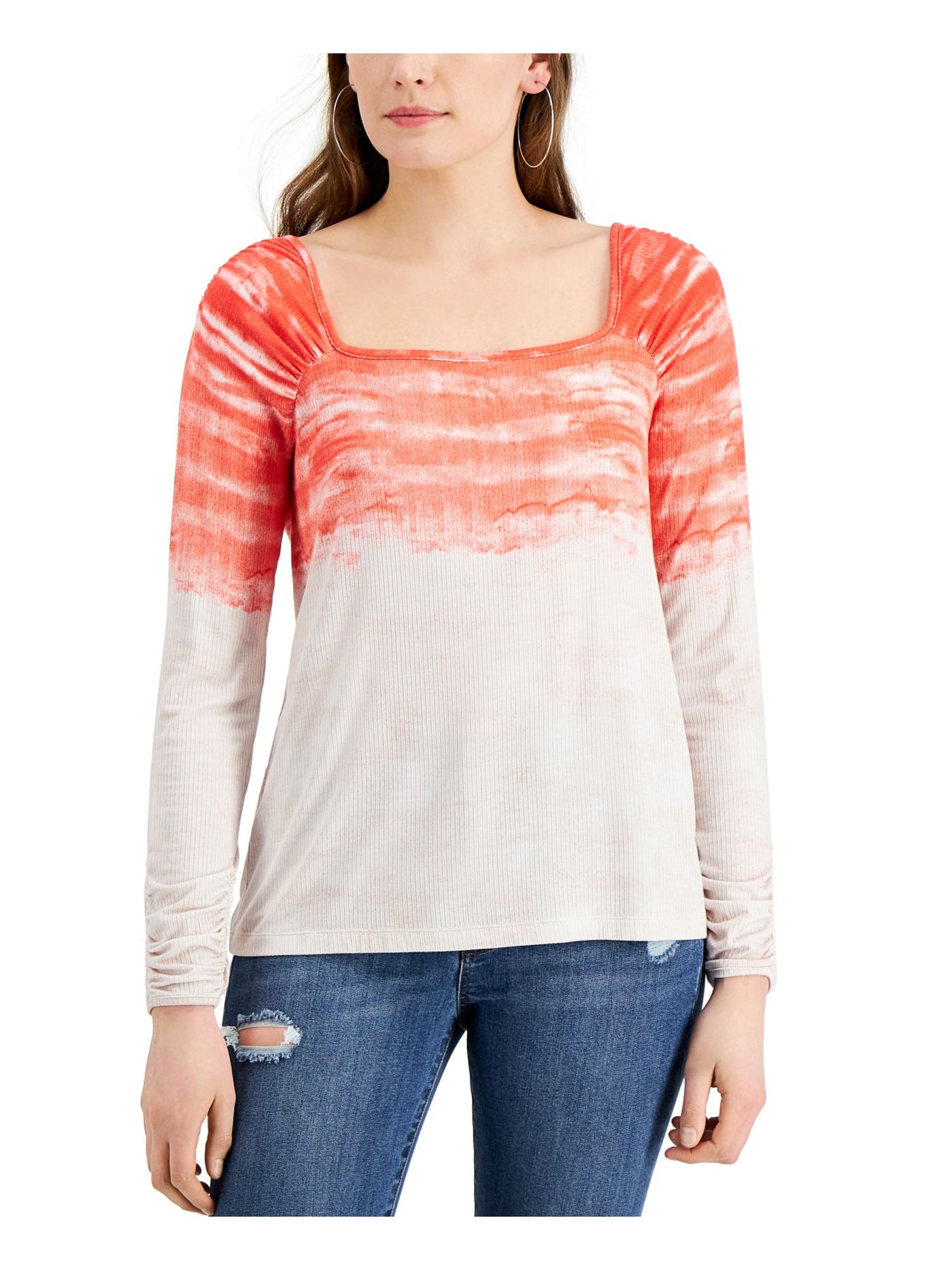 FEVER Womens Orange Ribbed Tie Dye Long Sleeve Square Neck Top M