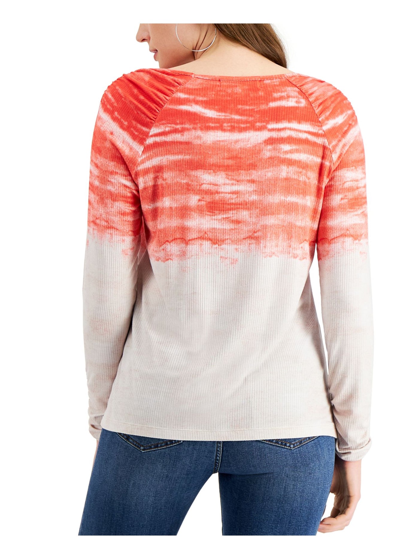 FEVER Womens Orange Ribbed Tie Dye Long Sleeve Square Neck Top M