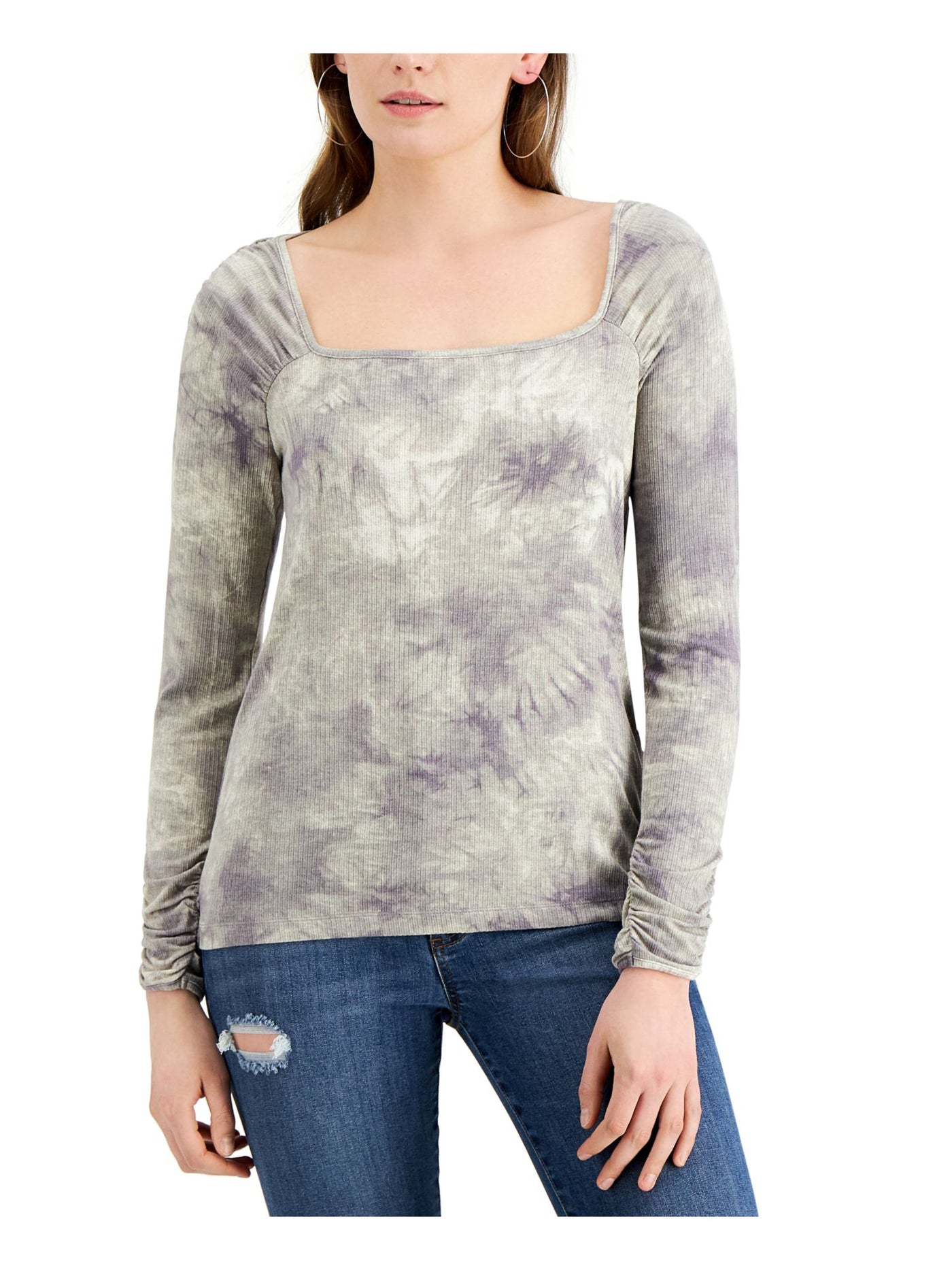 FEVER Womens Gray Tie Dye Long Sleeve Square Neck Top Size: L
