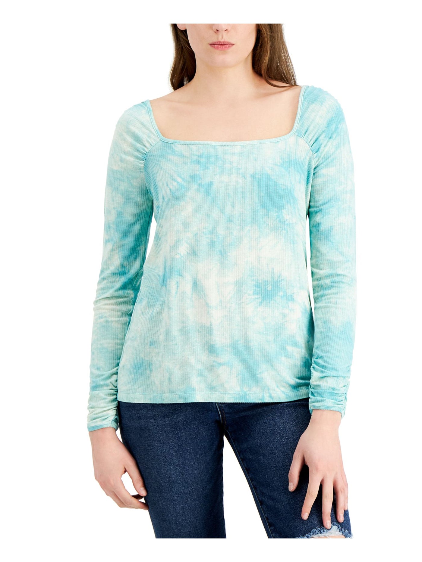 FEVER Womens Aqua Ribbed Tie Dye Long Sleeve Square Neck Top S