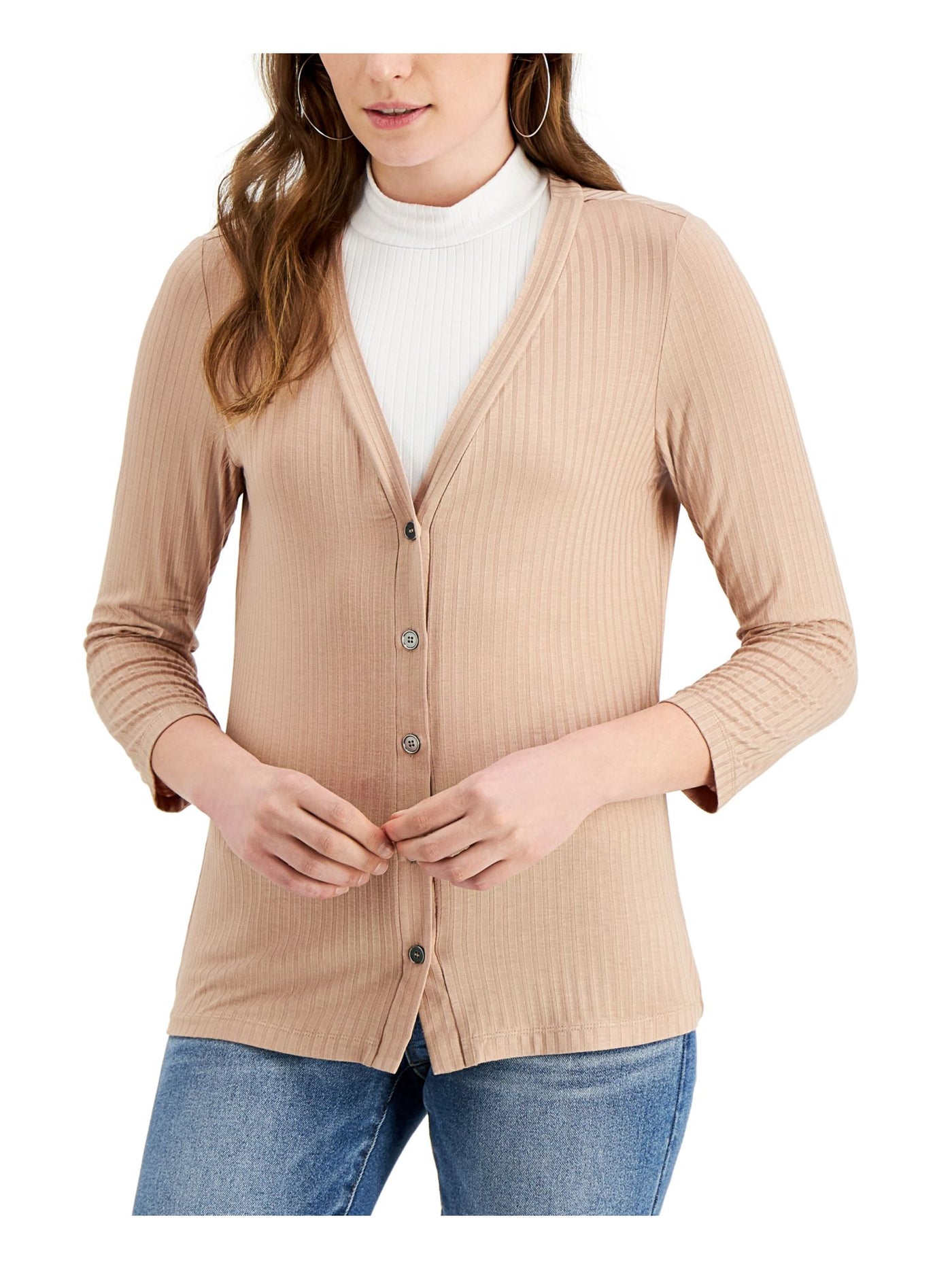 FEVER Womens Beige Ribbed Long Sleeve V Neck Button Up Top Size: S