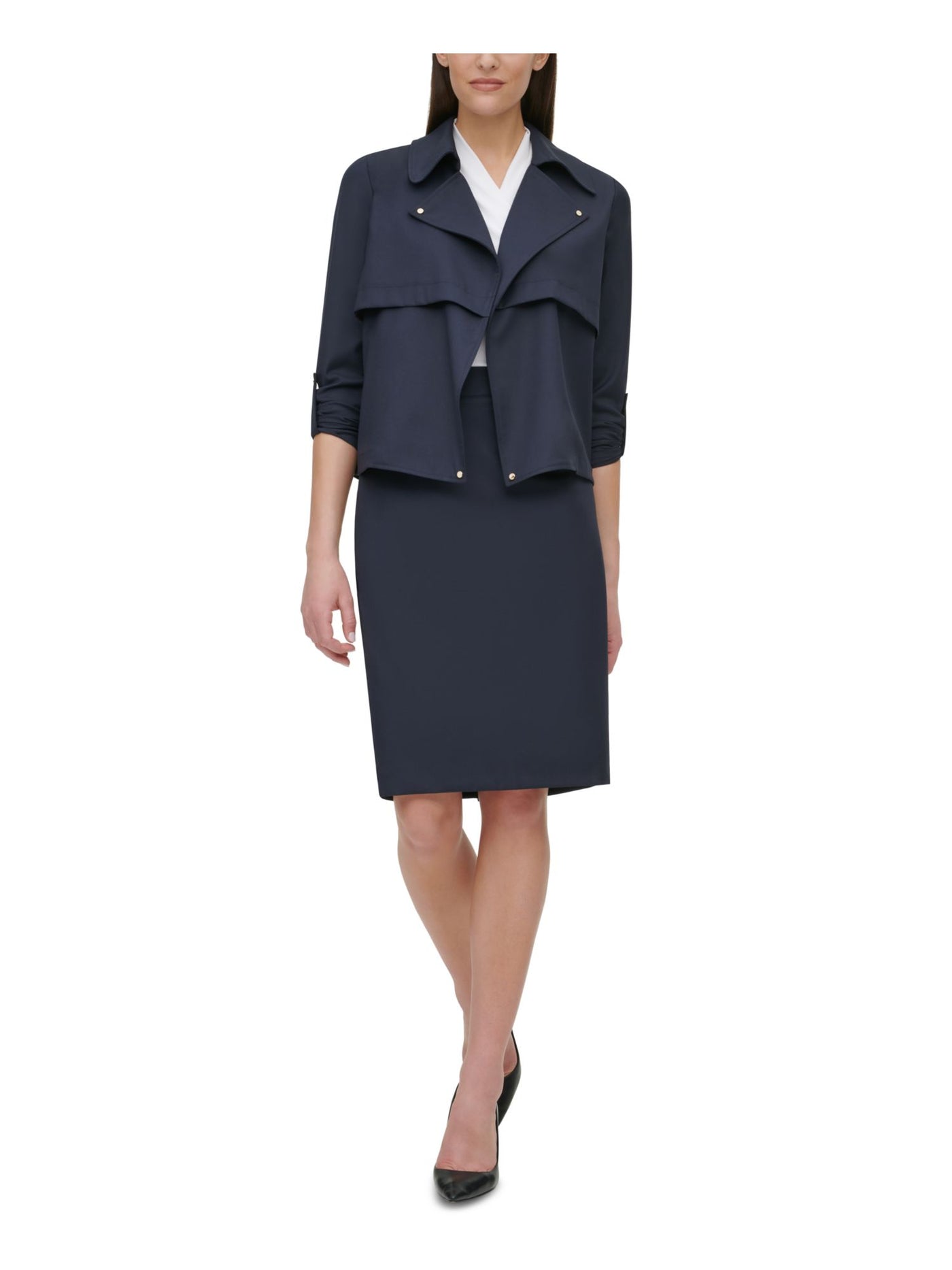 DKNY Womens Navy Cropped Open-front Jacket Long S Wear To Work Jacket 0