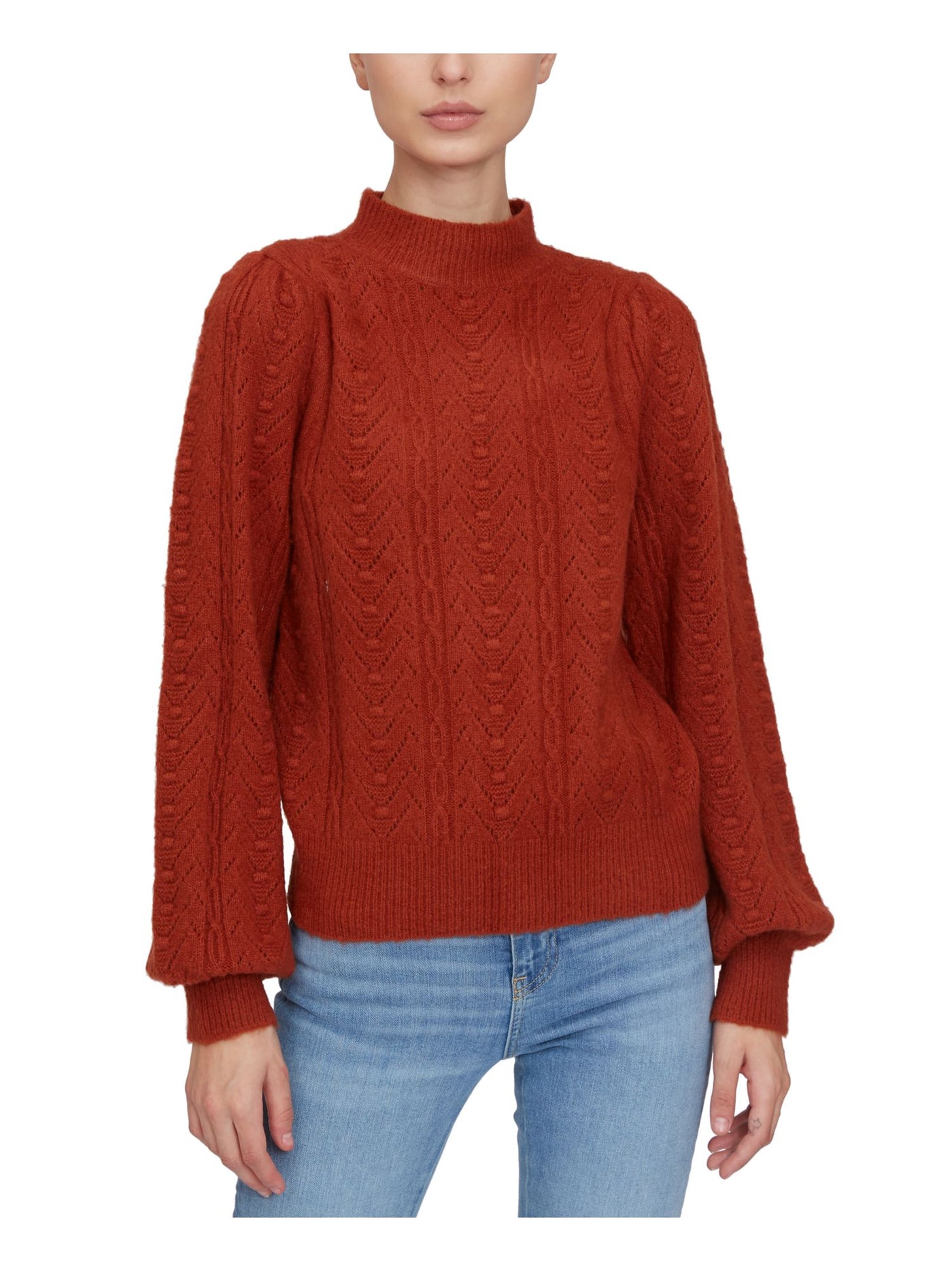 LUCY PARIS Womens Orange Stretch Textured Ribbed Balloon Sleeve Mock Neck Sweater XS