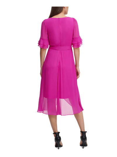 DKNY Womens Pink Zippered Ruffled Tie Belt Hi-lo Hem Elbow Sleeve Surplice Neckline Midi Wear To Work Faux Wrap Dress 2