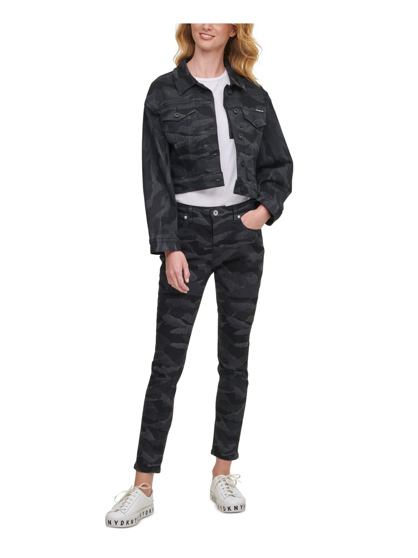 DKNY Womens Black Camouflage Denim Jacket XL